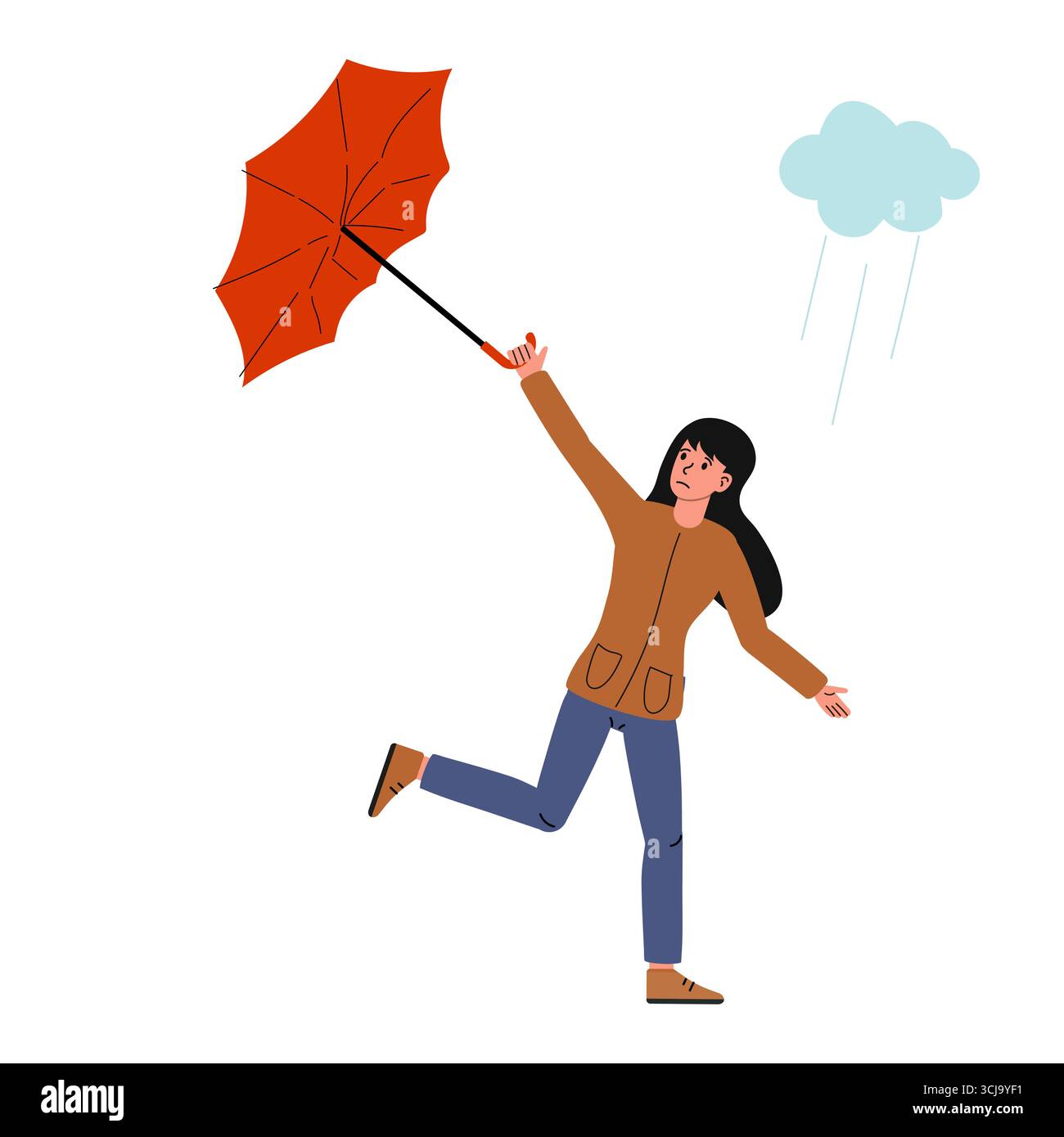 Sturm mit Frauencharakter Kampf mit Regenschirm in Hurricane Vector Illustration Stock Vektor