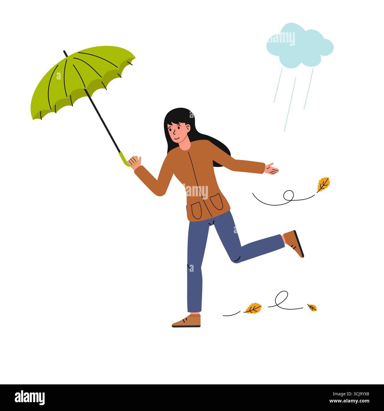 Eine Frau rennt fröhlich, während sie einen grünen Regenschirm in leichtem Regen hält. Lebhafte Herbstlaub umgeben sie, während sie den verspielten Moment draußen in A genießt Stock Vektor