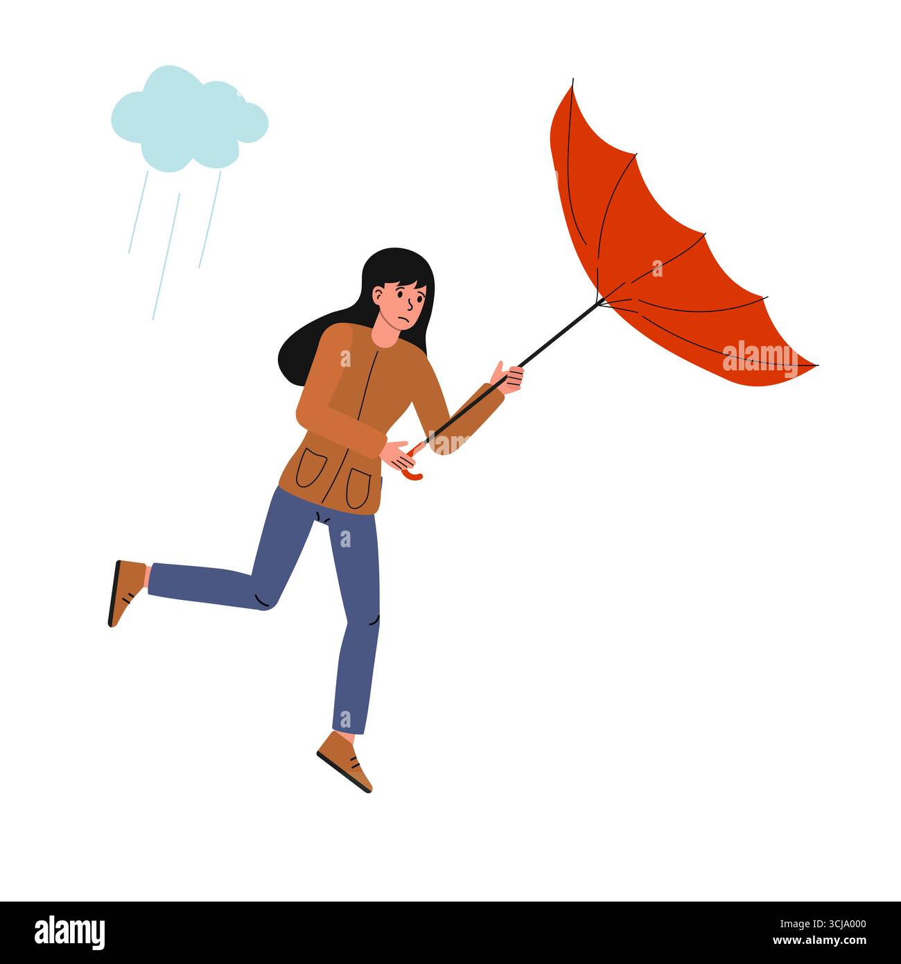 Eine Person stürzt an einem regnerischen Tag durch einen Stadtpark und hält einen hellorangefarbenen Regenschirm. Der Regen fällt, wenn der Wind weht, und erzeugt eine dynamische Atmosphäre Stock Vektor