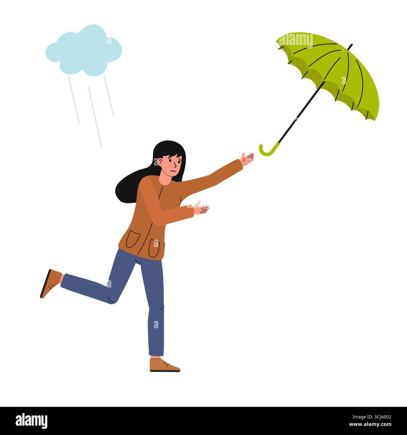 Eine Frau rennt hastig durch den Regen und klammert sich an einen hellgrünen Regenschirm. Der bewölkte Himmel erhebt sich über ihr, während Wassertropfen um sie fallen. Sh Stock Vektor