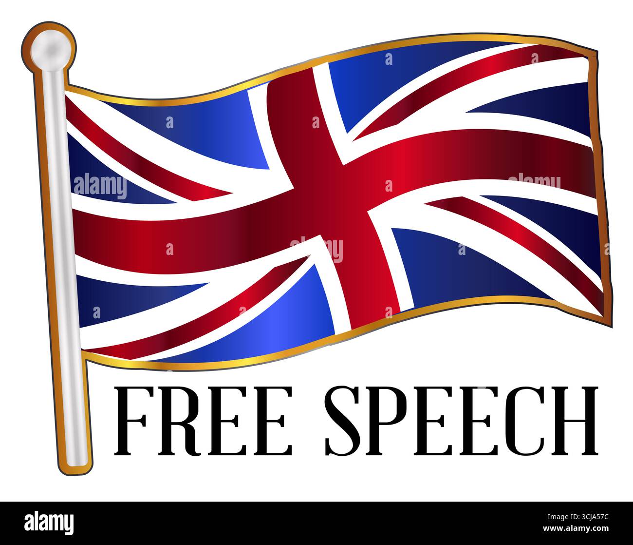 Ein flatterndes Anstecknadelschild der Union Jack-Flagge auf weißem Hintergrund mit dem Text Freie Rede. Stockfoto