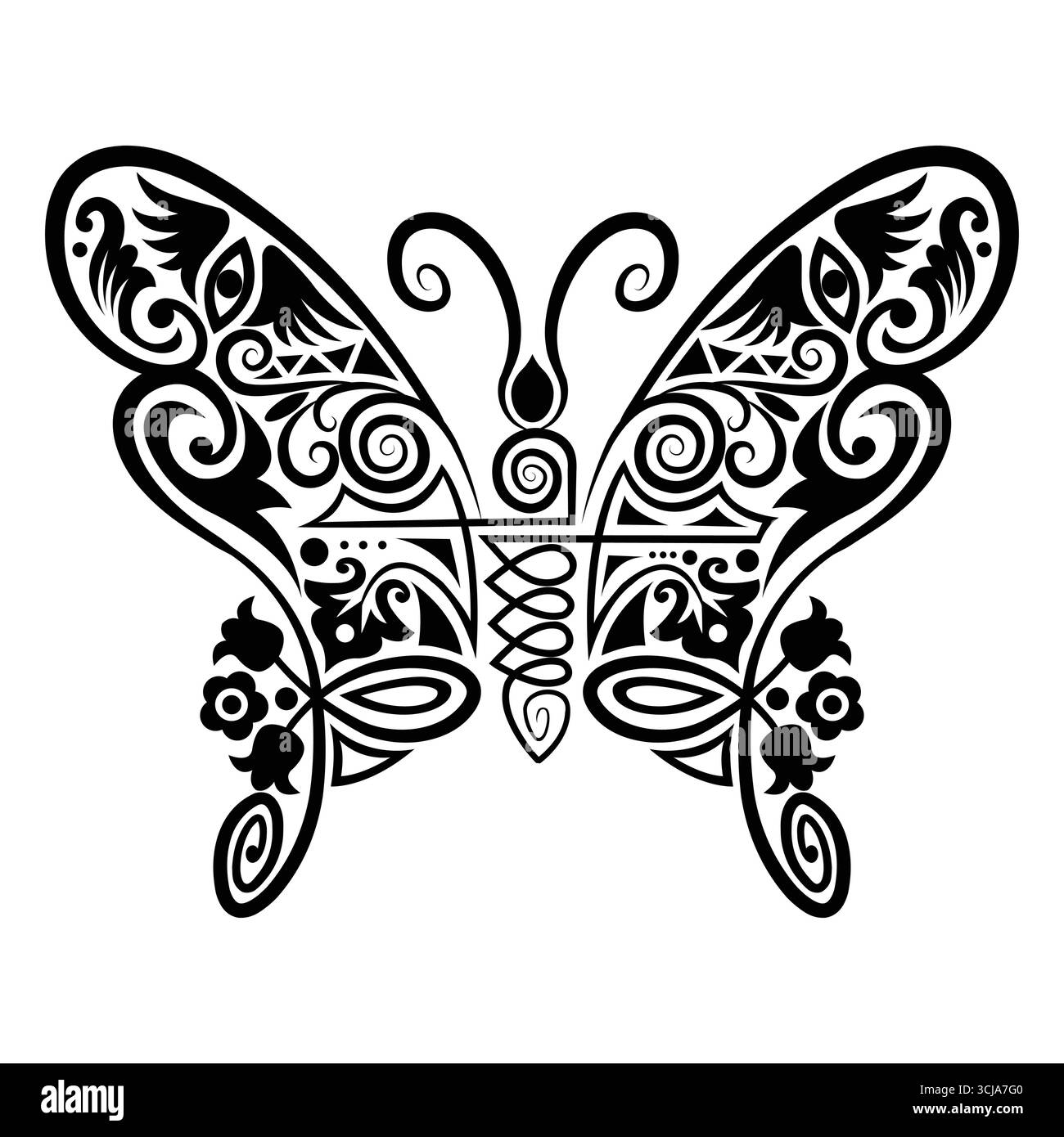 Schmetterlingstier mit Blumenschmuck als Deko oder Tattoo Stock Vektor