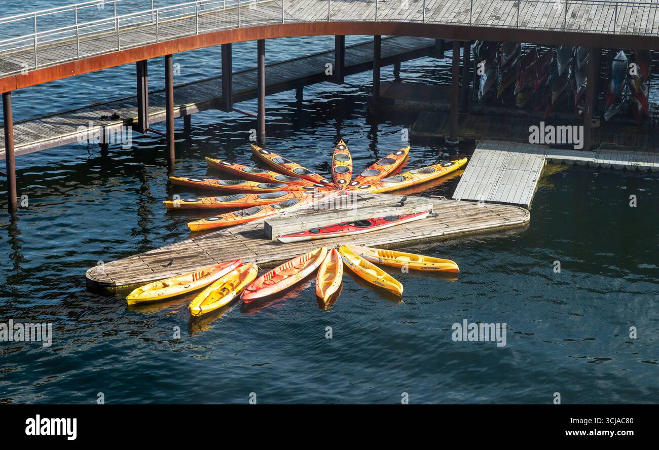 Kopenhagen, Dänemark - 2. August 2025: Lebendige Kajaks bilden ein einzigartiges Muster auf dem Wasser in der Nähe eines hölzernen Docks. Stockfoto