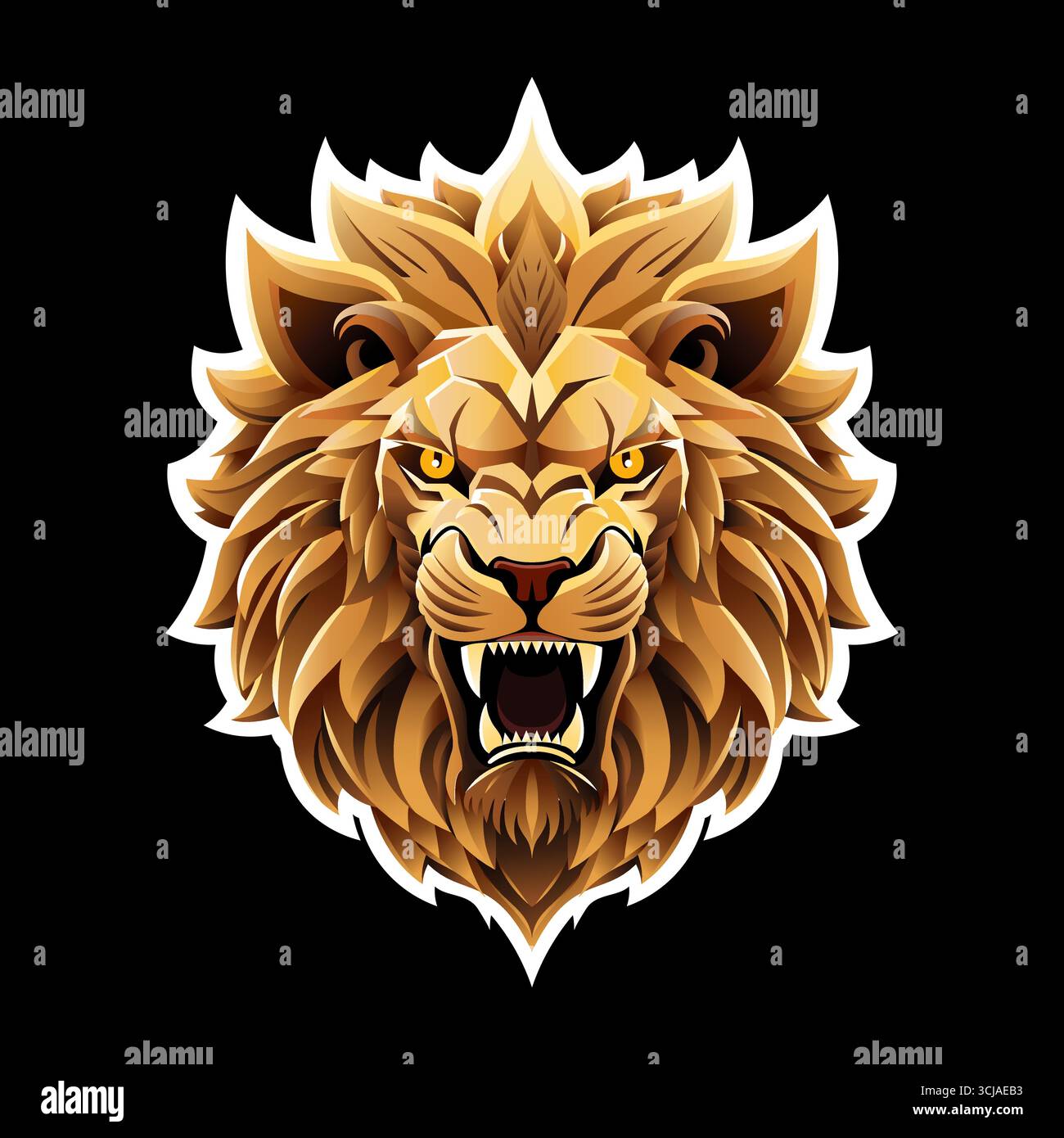 Logo mit Löwenkopf und glänzender goldener Mähne. Perfektes Vektormaskottchen für E-Sport, Sportmannschaften, Branding oder leistungsstarkes Emblem-Design. Stock Vektor