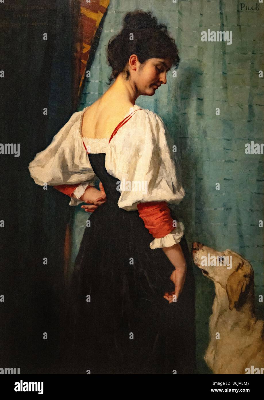 Therese Schwartze „Junge italienische Frau mit „Puck“ der Hund“, 1884; Gemälde eines Porträts einer Frau und eines Hundes aus dem 19. Jahrhundert. Niederländischer Porträtmaler Stockfoto