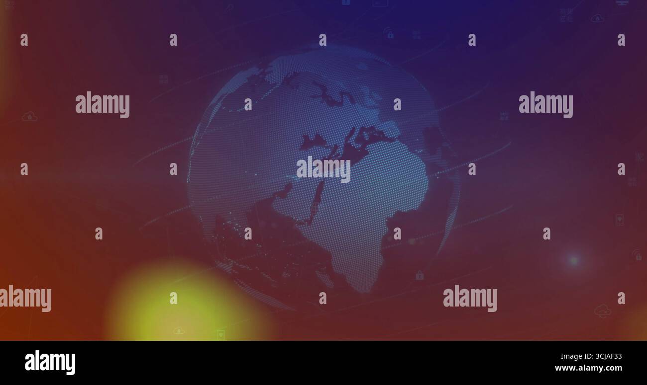 Schwebende, stilisierte digitale 3D-Kugel auf virtueller Schnittstelle, mit Datenflusslinien und Netzwerksymbolen Stockfoto