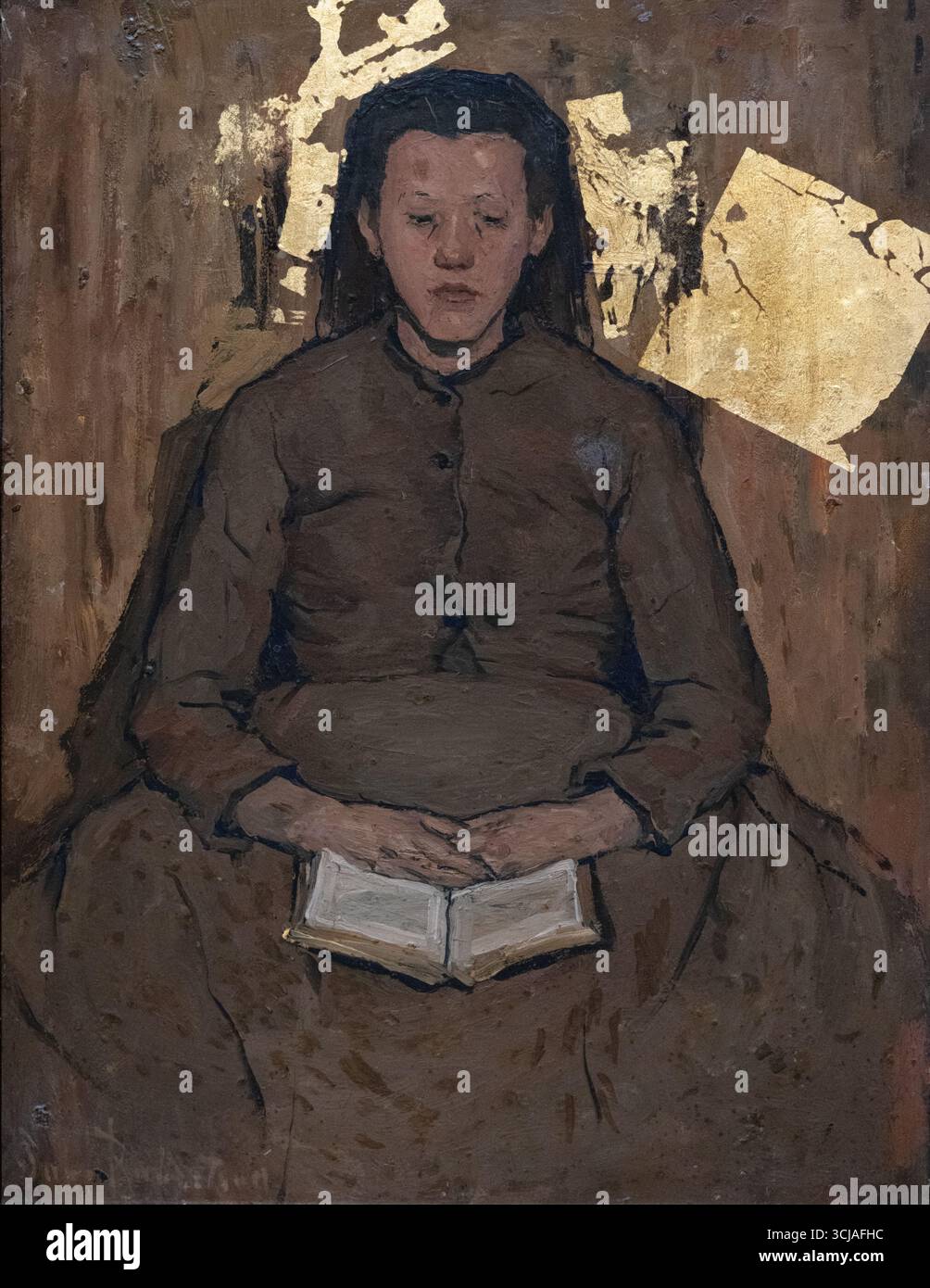 Suze Robertson 'Pietje (Girl reading)' 1898; Gemälde des 19. Jahrhunderts - Porträt eines lesenden Mädchens; von niederländischer Malerin. Öl und Blattgold auf der Platte Stockfoto