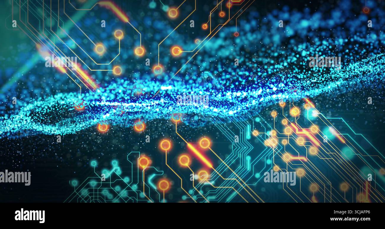 Fließende blaue Teilchenwelle durch digitales Raster mit neonorangen Schaltungsknoten und zyanblauen Kurven Stockfoto
