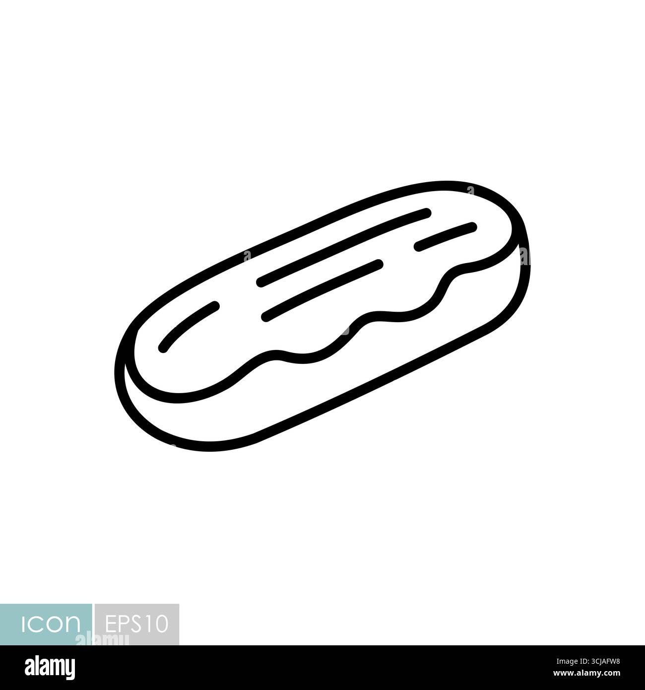Eine klassische Vektorlinie für ein köstliches Eclair, ein langer Choux-Teig gefüllt mit Sahne und garniert mit Zuckerguss. Perfekt für Bäckereimenüs und Websites. Stock Vektor