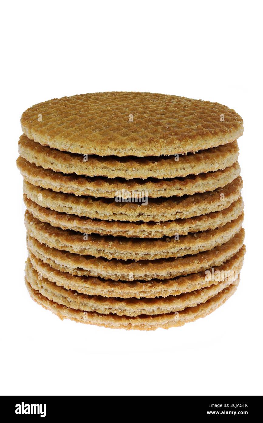Traditionelle niederländische Stroopwafels (Siruffwaffeln) isoliert auf weißem Hintergrund Stockfoto