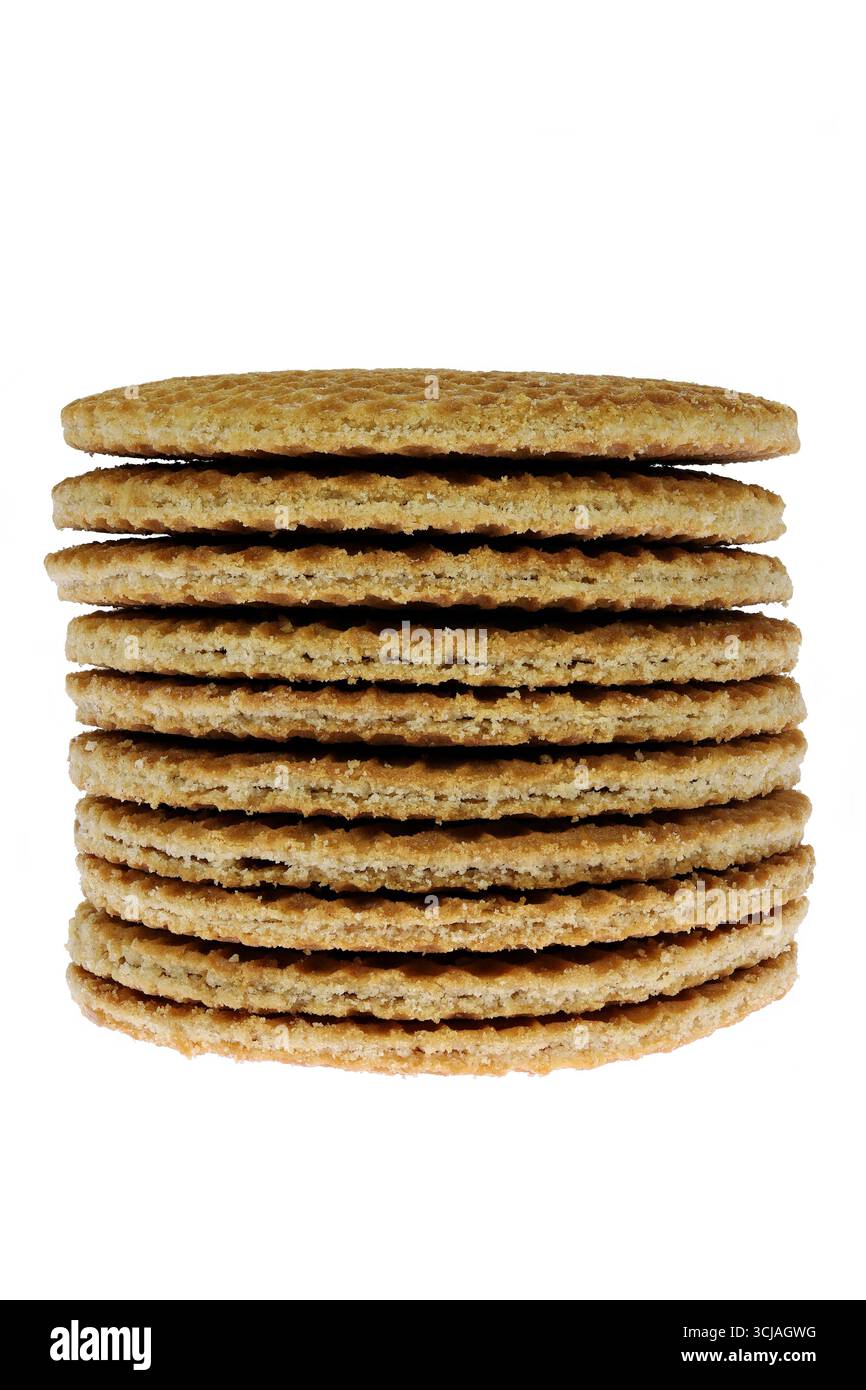 Traditionelle niederländische Stroopwafels (Siruffwaffeln) isoliert auf weißem Hintergrund Stockfoto