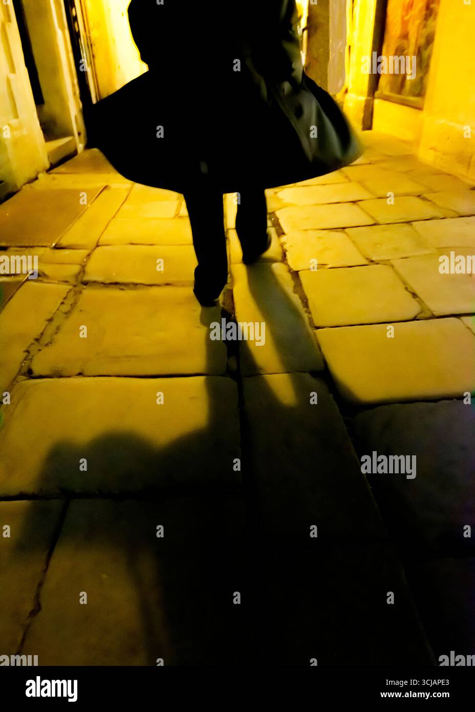 Eine Person in einem dunklen Mantel geht durch eine schwach beleuchtete Gasse, deren Schatten sich vor ihnen ausdehnt. Stockfoto