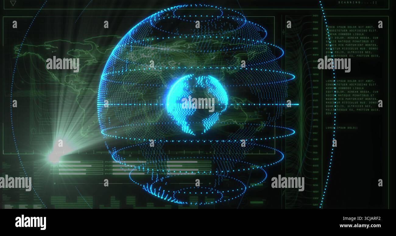 Holografische Kugel, die sich in Drahtmodellringen und Gittern dreht, in HUD mit Datenfeldern Stockfoto