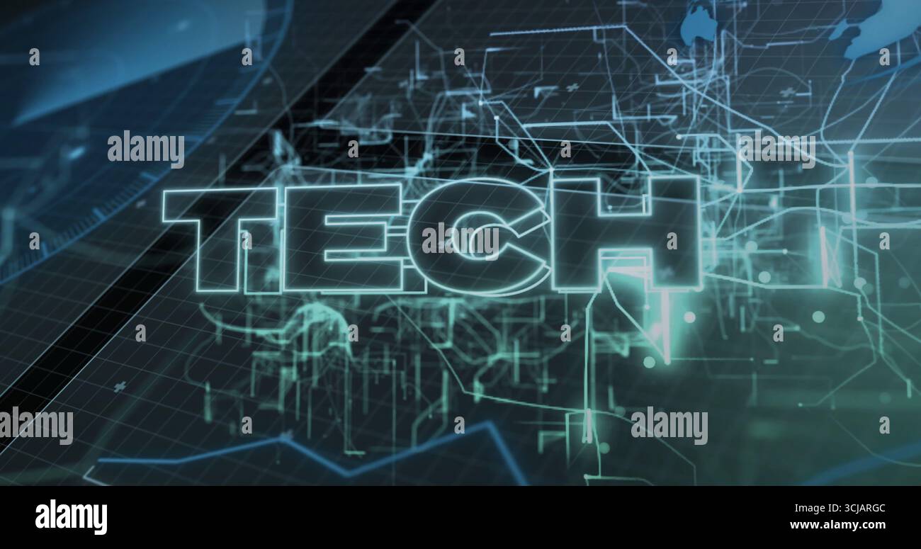 Leuchtende TECHNISCHE Buchstaben, die in der Grid-Benutzeroberfläche schweben, mit Wireframe-Stadtlandschaft, Netzwerklinien und Kartendiagrammen Stockfoto