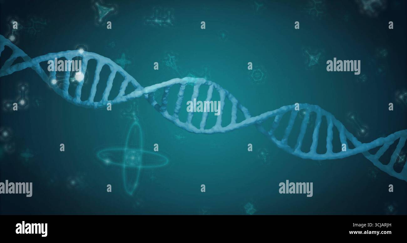 Präsentation der stilisierten blauen DNA-Doppelhelix im abstrakten Labor mit leuchtenden Molekülsymbolen und Diagrammen Stockfoto