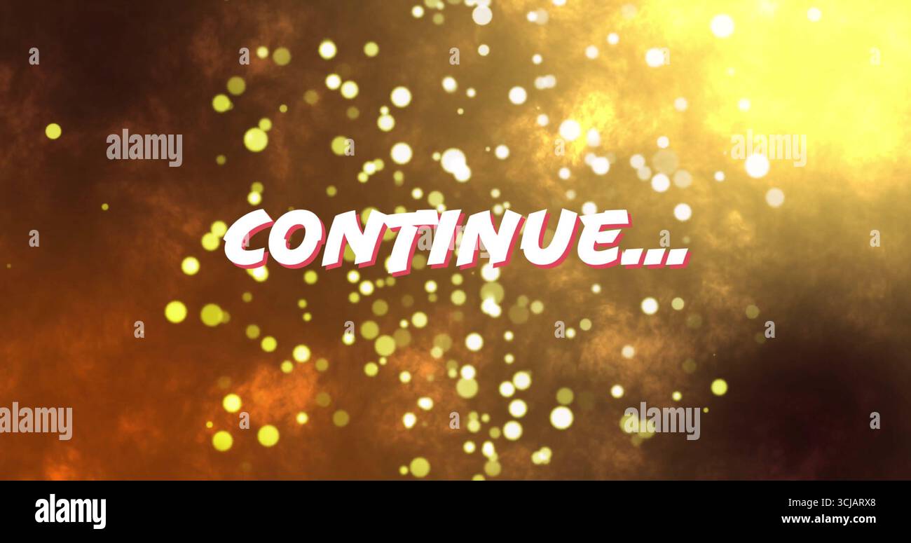 Zeigt den stilisierten FORTSETZUNGSTEXT an, der sich über goldenen Wolken im grafischen Hintergrund mit Partikeln bewegt Stockfoto
