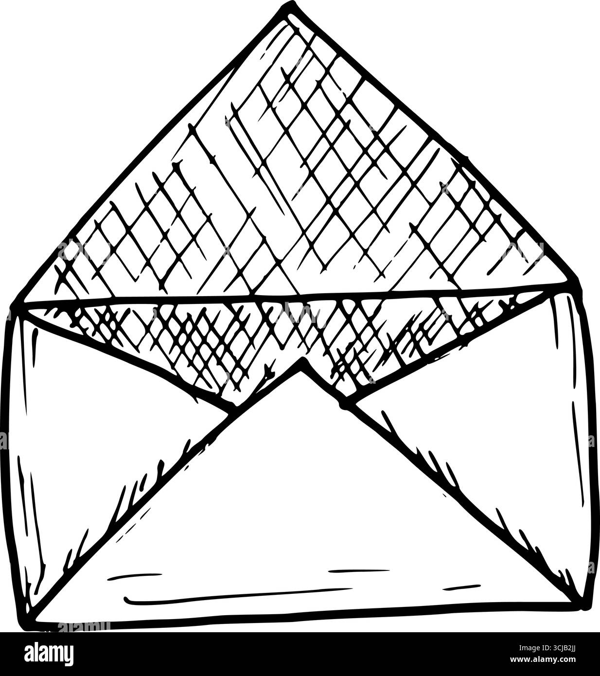 Geöffneter Papierumschlag. Vektorillustration von Kraftpapier. Einfache schwarze Grafik, handgezeichnet im Doodle-Stil. Clip-Art von Outline Vintage-Zeichnung. Linie Stock Vektor