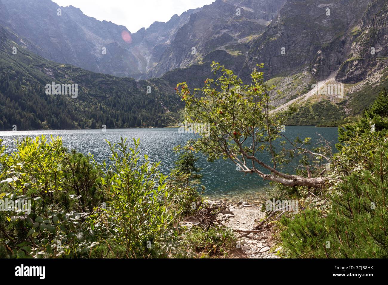 Ein Blick auf den See Morskie Oko im Nationalpark Tatra in Polen am letzten Wochenende der Schulferien in Polen, da der Nationalpark polnische Tatra am 28. August 2025 in seiner Popularität einen neuen Rekord erreicht. Stockfoto
