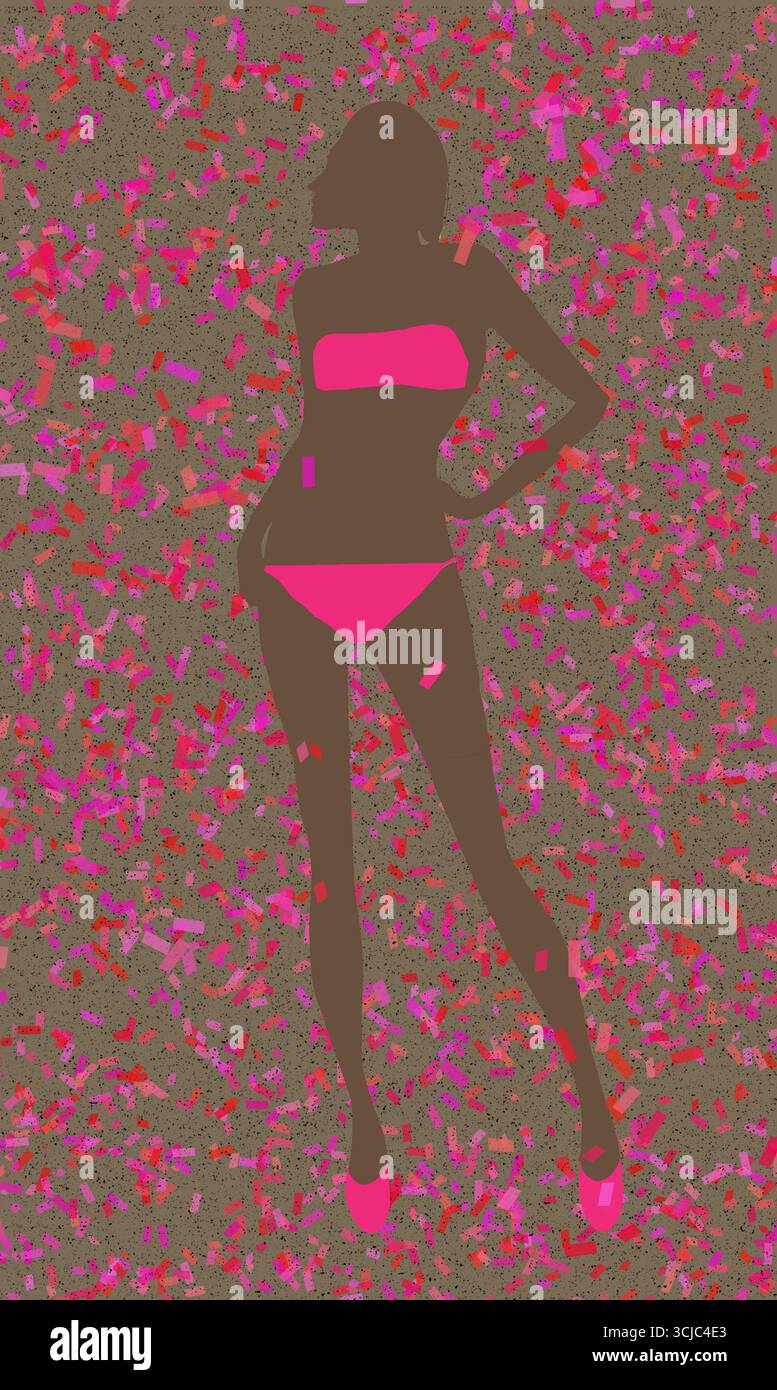 Eine Frau in einem rosafarbenen Bikini modelliert ihre Bademode, während Konfetti in einer Mode-Illustration um sie herum fällt. Stockfoto