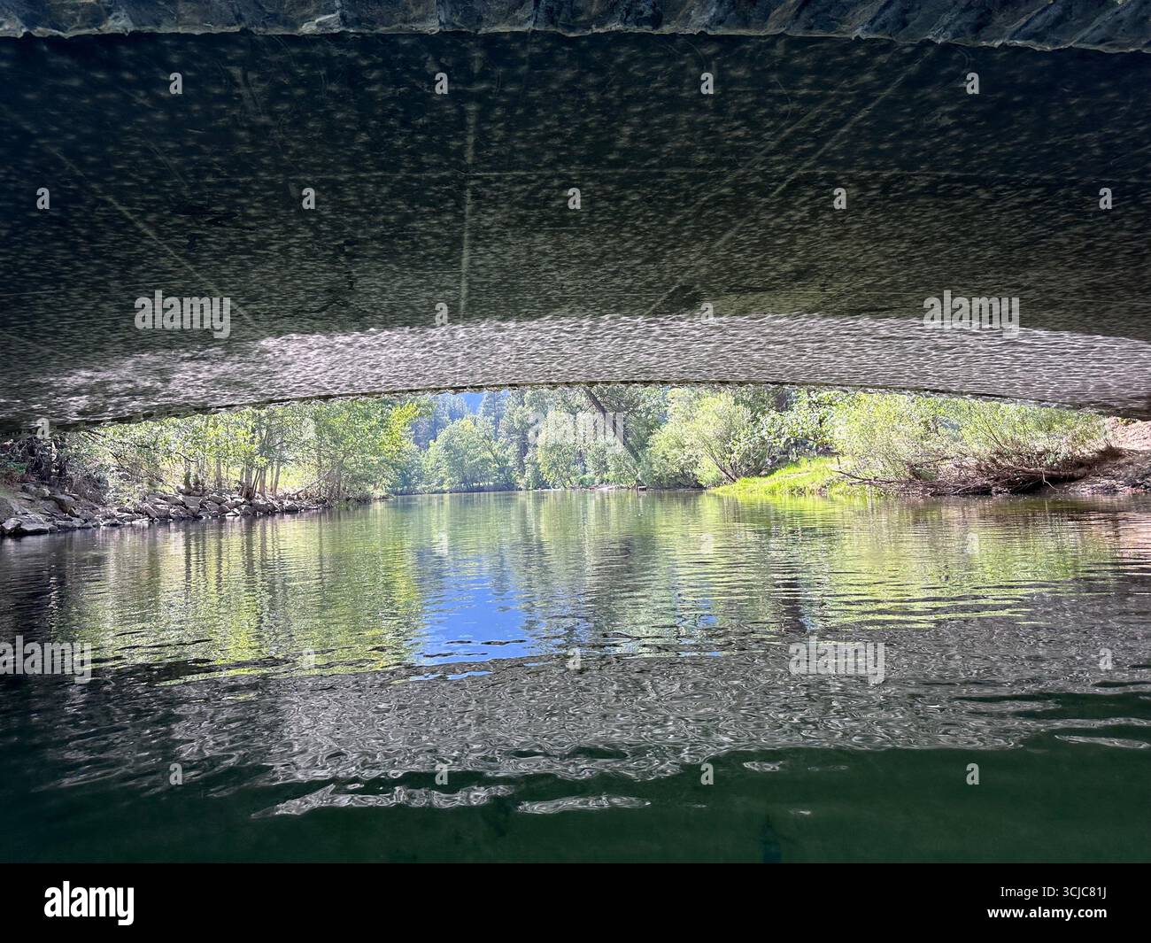 Steinbrücke über einem ruhigen Fluss mit Sonnenlichtreflexionen auf der Unterseite und grünem Wald im Hintergrund. - Smartphone-aufgenommenes Stockfoto
