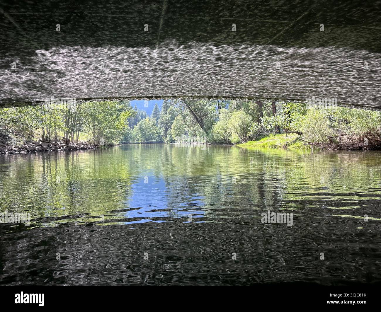 Steinbrücke über einem ruhigen Fluss mit Sonnenlichtreflexionen auf der Unterseite und grünem Wald im Hintergrund. - Smartphone-aufgenommenes Stockfoto
