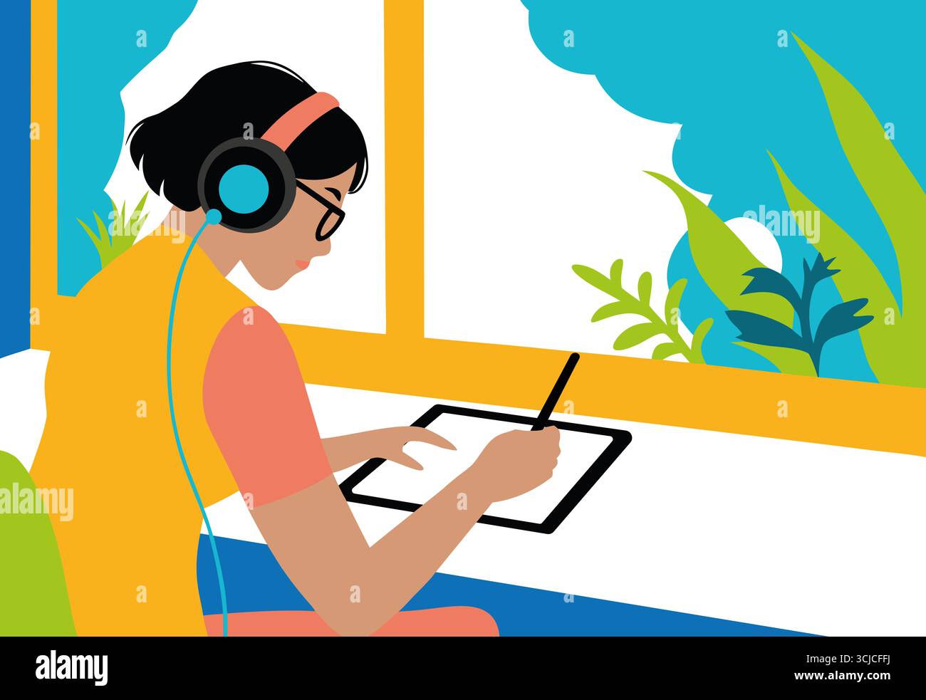 Eine junge Frau konzentriert sich darauf, digitale Kunst auf ihrem Tablet zu kreieren, während sie Kopfhörer trägt. Sonnenlicht filtert durch große Fenster und beleuchtet die Vibr Stockfoto