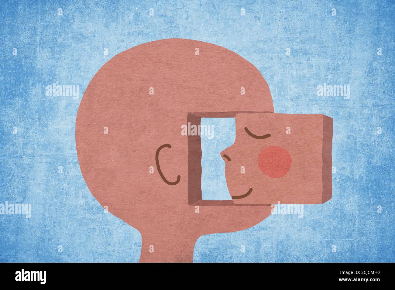 Illustration mit einer Silhouette mit einem abnehmbaren Block, der ein lächelndes Gesicht zeigt, das Selbstbewusstsein, Achtsamkeit und inneren Frieden in a t symbolisiert Stockfoto
