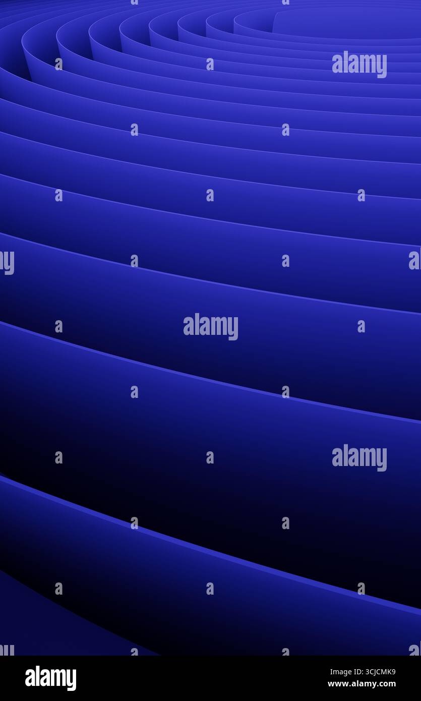 Dynamischer abstrakter Hintergrund mit 3D-Kreisformen in einem tiefblauen Farbverlauf. Die Komposition schafft ein Gefühl von Tiefe und eine moderne Zukunft Stockfoto