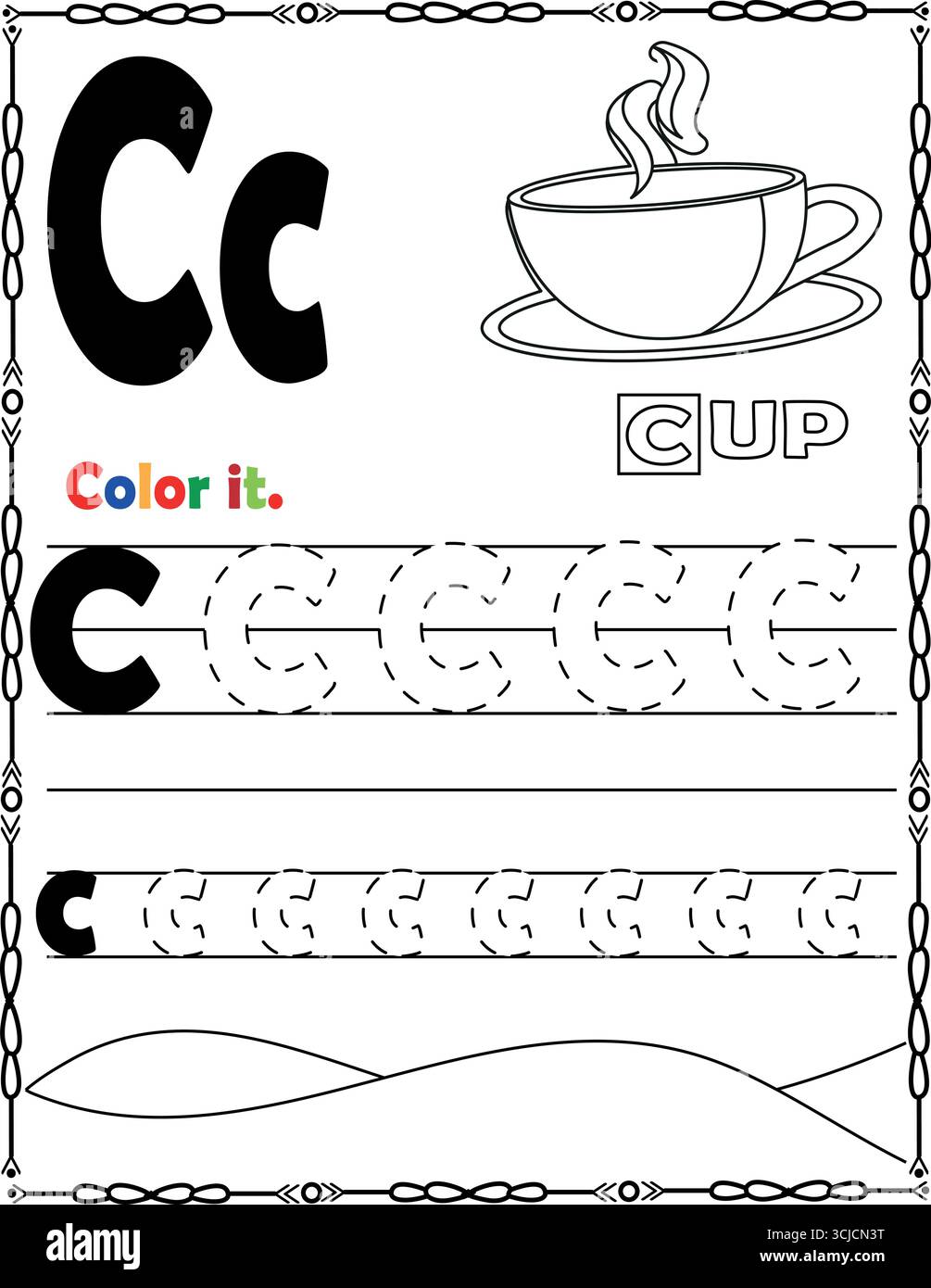 Malseite mit Buchstabe C – Buchstabe C mit Tasse | Lernarbeitsblatt für Kinder Stock Vektor