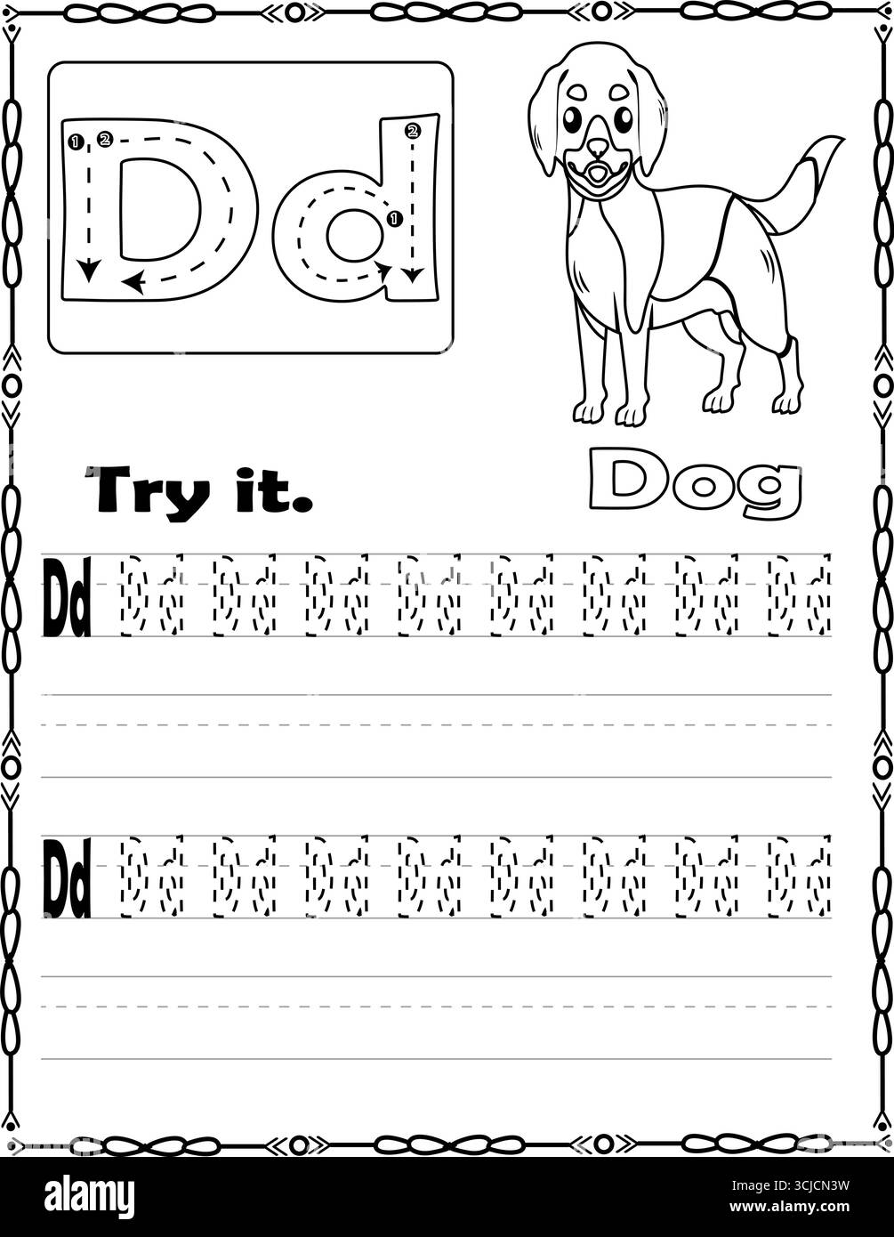 Alphabet D Ausmalseite Buchstabe D mit Hund.Arbeitsblatt für Kinder Stock Vektor