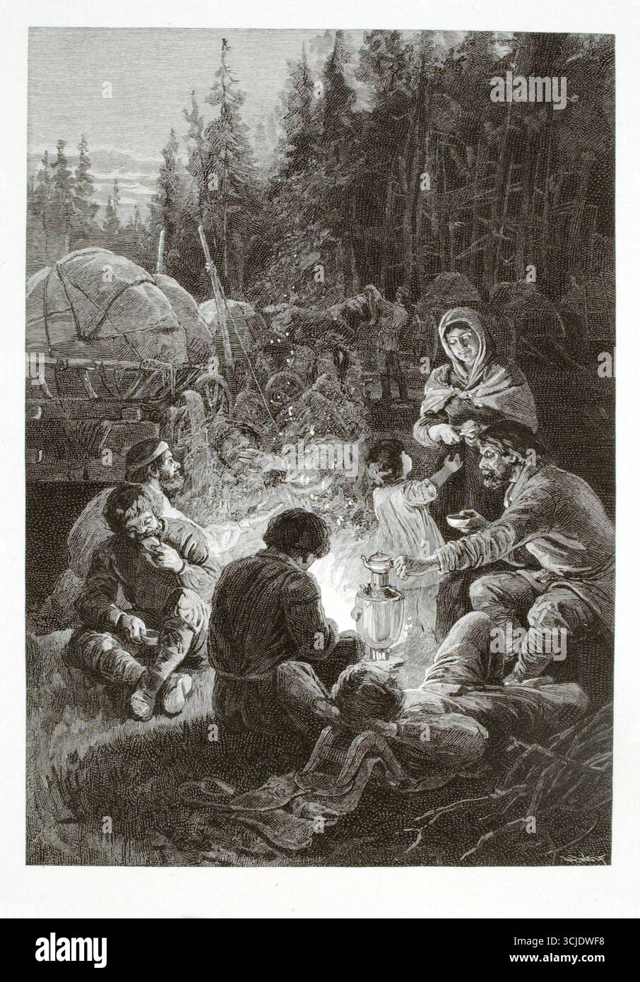 Bivouac of a Party of Teamsters (Oboz Drivers), 1887. Photomechanischer Holzstich auf Papier von Henry Wolf. Diese eindrucksvolle Szene zeigt eine Gruppe von Teammitgliedern, die um ein Lagerfeuer in einer Waldlichtung ruhen. Überdachte Wagen und Pferde sind im Hintergrund zu sehen, während Männer, Frauen und Kinder sich am Feuer versammeln, essen und Wärme teilen. Wolfs Gravur fängt die raue Atmosphäre von Grenzreisen und die Widerstandsfähigkeit berufstätiger Familien auf langen Reisen ein. Stockfoto