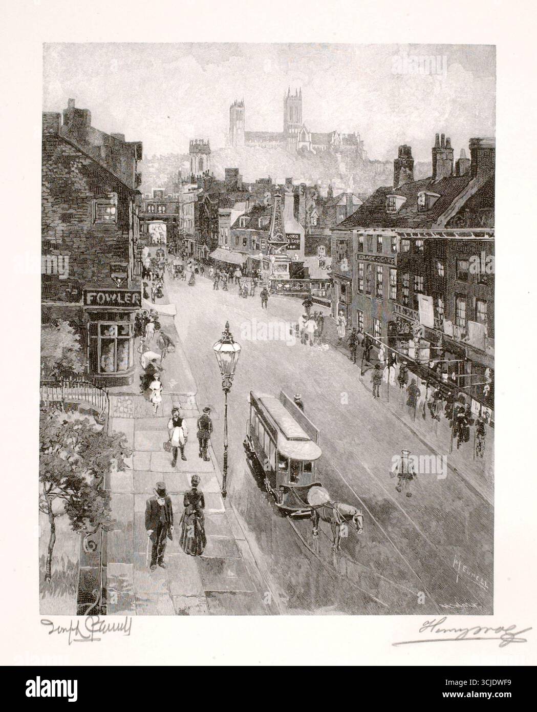 Die Kathedrale von der High Street, 1887. Photomechanischer Holzstich auf Papier von Henry Wolf, nach Joseph Pennell. Diese Gravur fängt eine lebendige Straßenszene der Stadt mit Fußgängern, Pferdestraßenbahnen und Ladenfronten ein und führt den Blick auf die imposante Kathedrale, die sich in der Ferne über den Dächern erhebt. Stockfoto