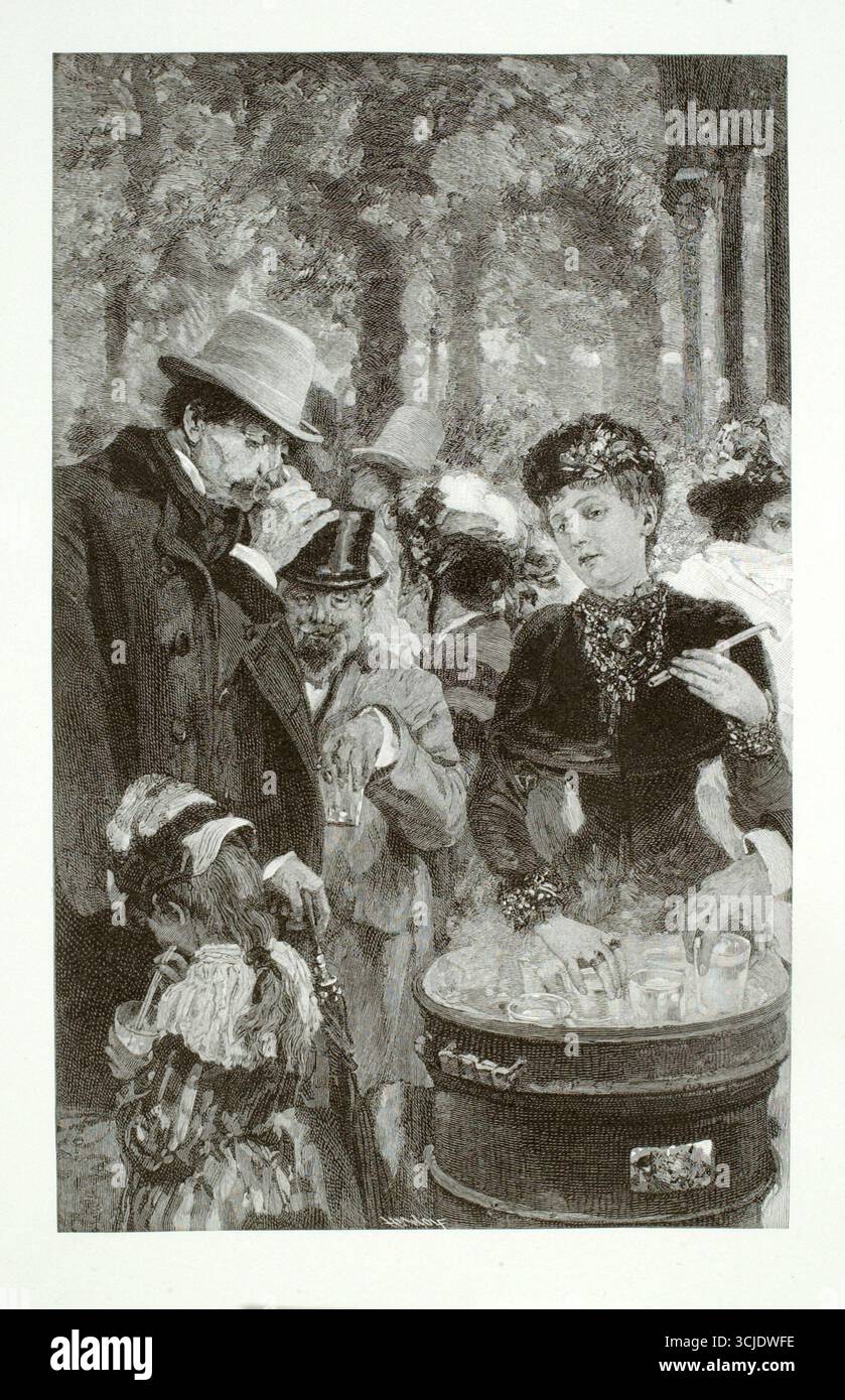 In Kissingen, 1890. Photomechanischer Holzstich auf Papier von Henry Wolf, nach Adolph Menzel. Diese Gravur zeigt eine lebendige Gesellschaftsszene im deutschen Kurort Bad Kissingen, wo elegant gekleidete Männer, Frauen und Kinder beim Trinken aus Mineralwassergläsern teilhaben. Die detailreiche Wiedergabe fängt die Atmosphäre von Freizeit, Gesundheit und europäischer Sozialkultur des 19. Jahrhunderts ein. Stockfoto