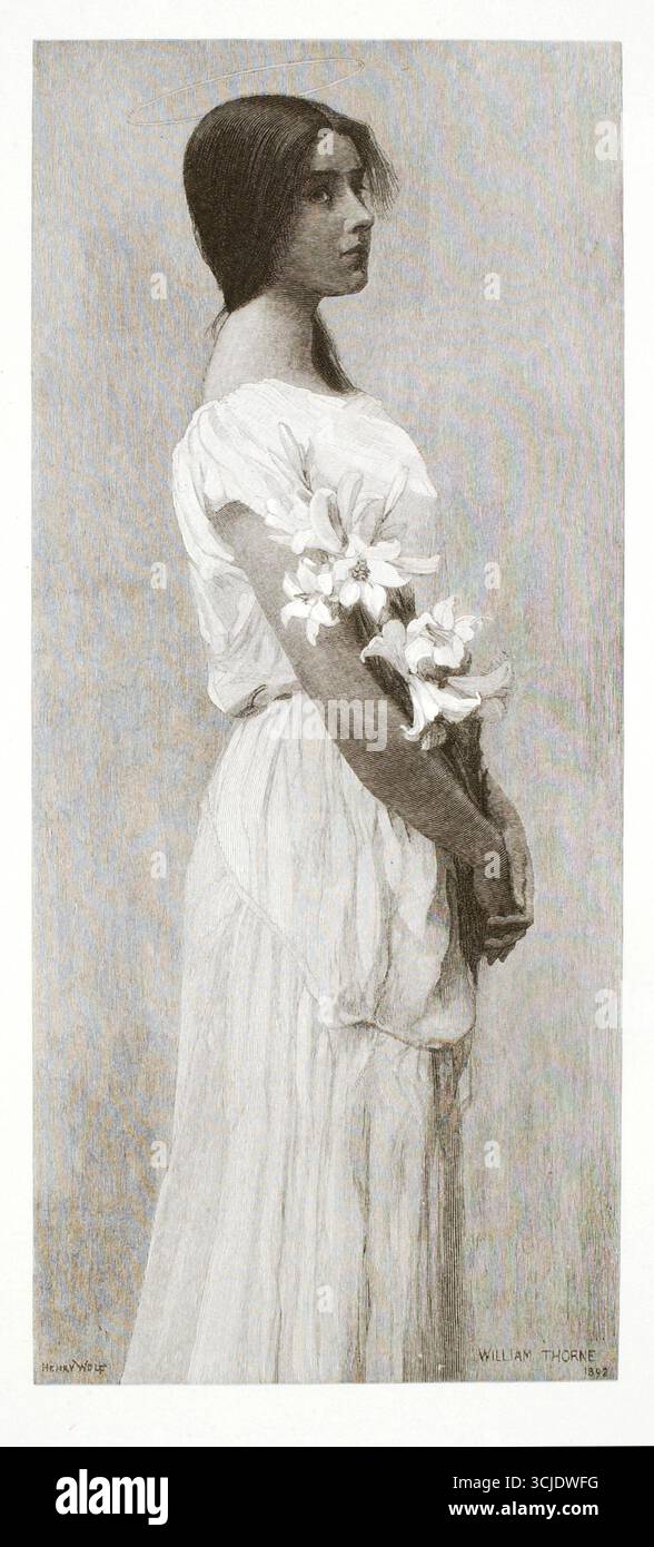 Saint, 1892. Photomechanischer Holzstich auf Papier von Henry Wolf, nach William Thorne. Dieses ruhige Porträt zeigt eine junge Frau in fließenden weißen Gewändern, die Lilien hält, mit einem schwachen Halo über dem Kopf. Wolfs Gravur übersetzt Thornes ätherische Vision in zarte tonale Texturen und betont Reinheit, Anmut und spirituelle Symbolik. Das Thema verkörpert künstlerische ideale des späten 19. Jahrhunderts von idealisierter Weiblichkeit und heiliger Hingabe. Stockfoto