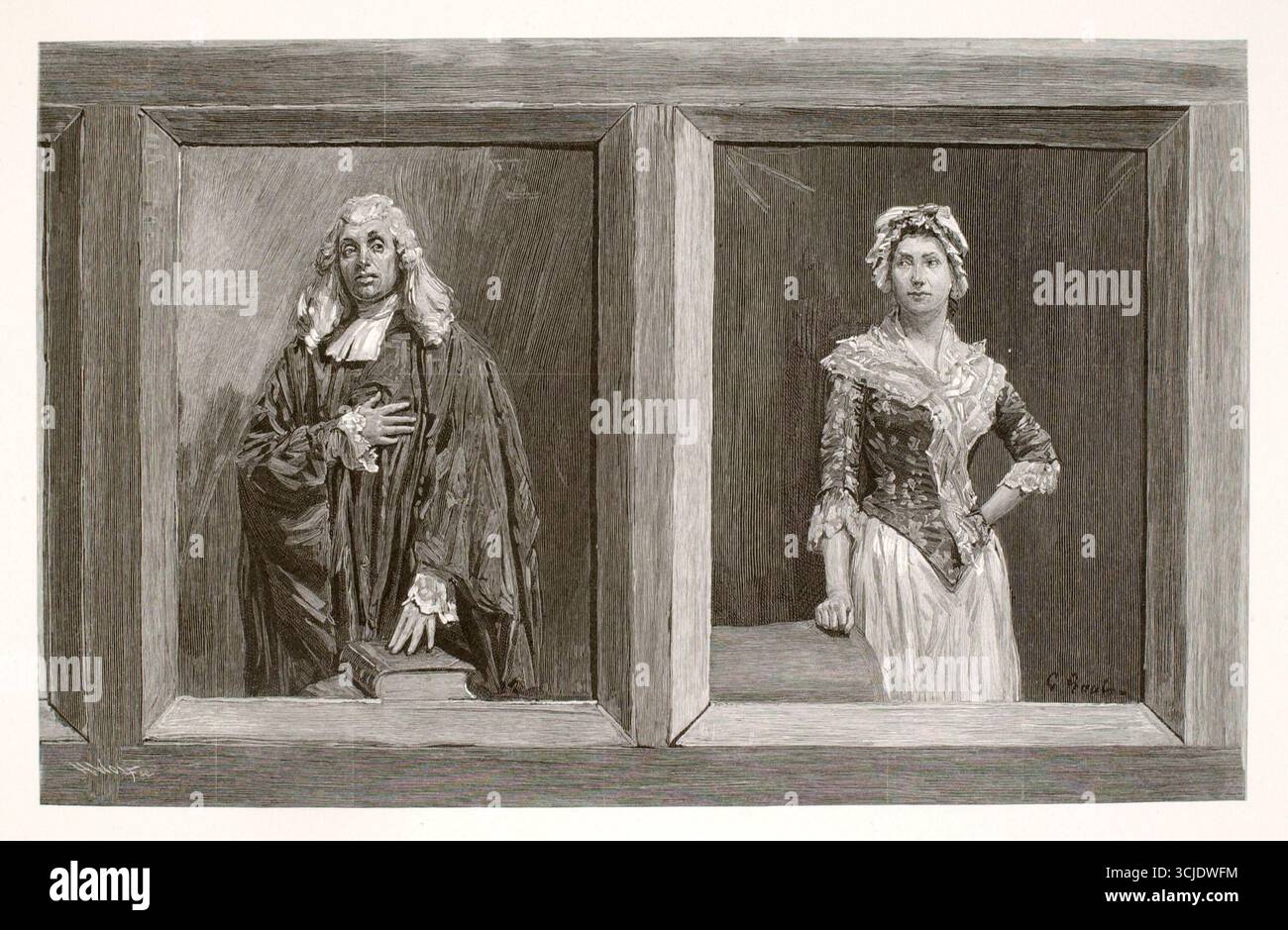 Reverend William Shurtleff und Ehefrau, 1893. Photomechanischer Holzstich auf Papier von Henry Wolf, nach Gilbert Gaul. Die Gravur zeigt zwei gerahmte Figuren im Portraitstil nebeneinander: Reverend William Shurtleff in klerikalen Gewändern, Hand auf seine Brust gelegt mit einem Buch vor ihm, und seine Frau, die in einer selbstbewussten Haltung in historischen Kleidern steht und die Kleidung und Charakterdarstellung des 18. Jahrhunderts widerspiegelt. Stockfoto