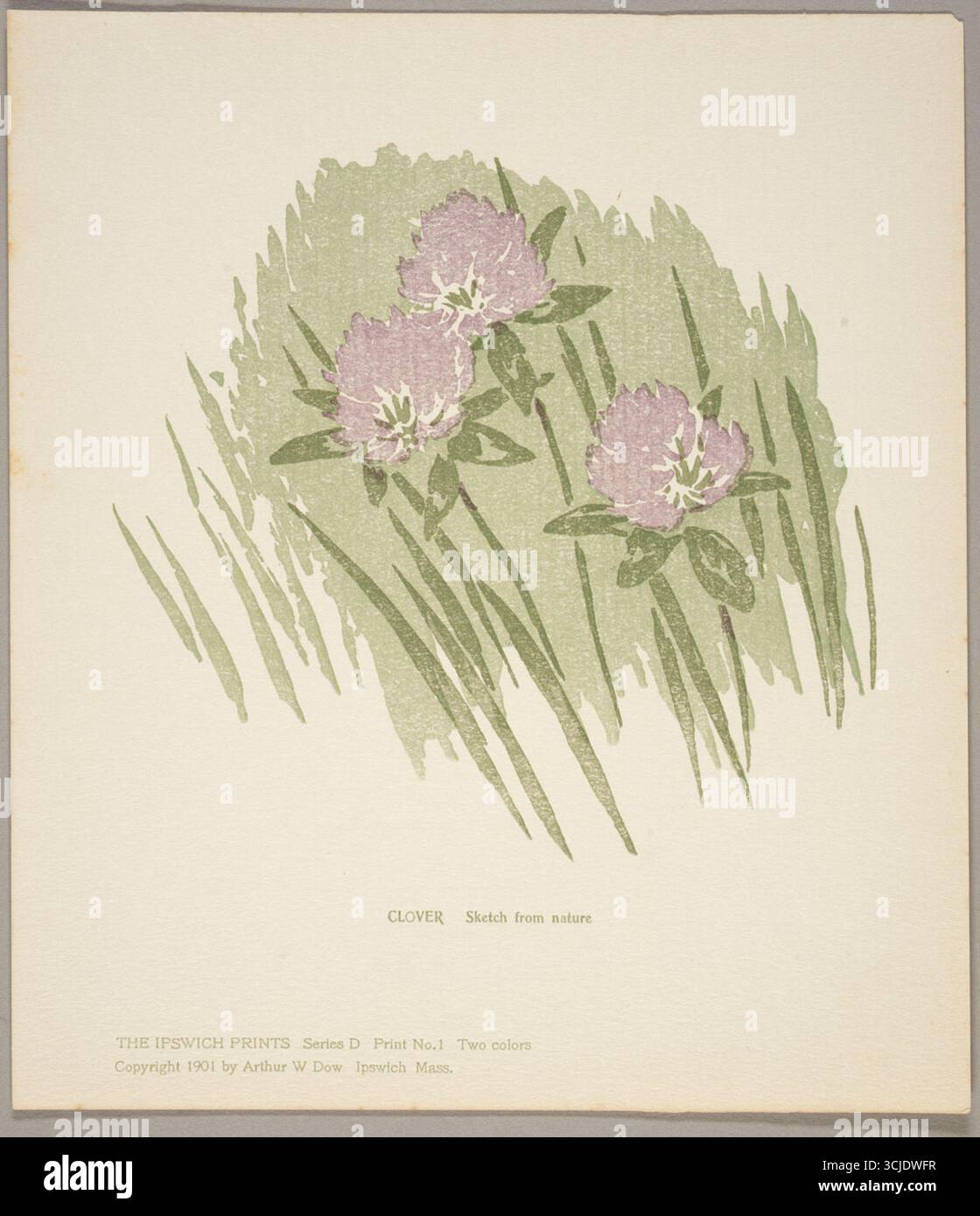 Ipswich Prints: Clover, 1901 (veröffentlicht 1902). Photomechanische Relief-Reproduktion auf Papier von Arthur Wesley Dow. Diese schlichte, aber elegante zweifarbige Komposition fängt die natürliche Schönheit von Kleeblüten in sanften Rosa- und Grüntönen ein. Das Werk wurde als Teil der Serie Ipswich Prints von Dow geschaffen und spiegelt seine Betonung auf Design und Harmonie wider, indem es amerikanische Naturmotive mit japanisch inspirierten Kompositionsprinzipien kombiniert. Stockfoto