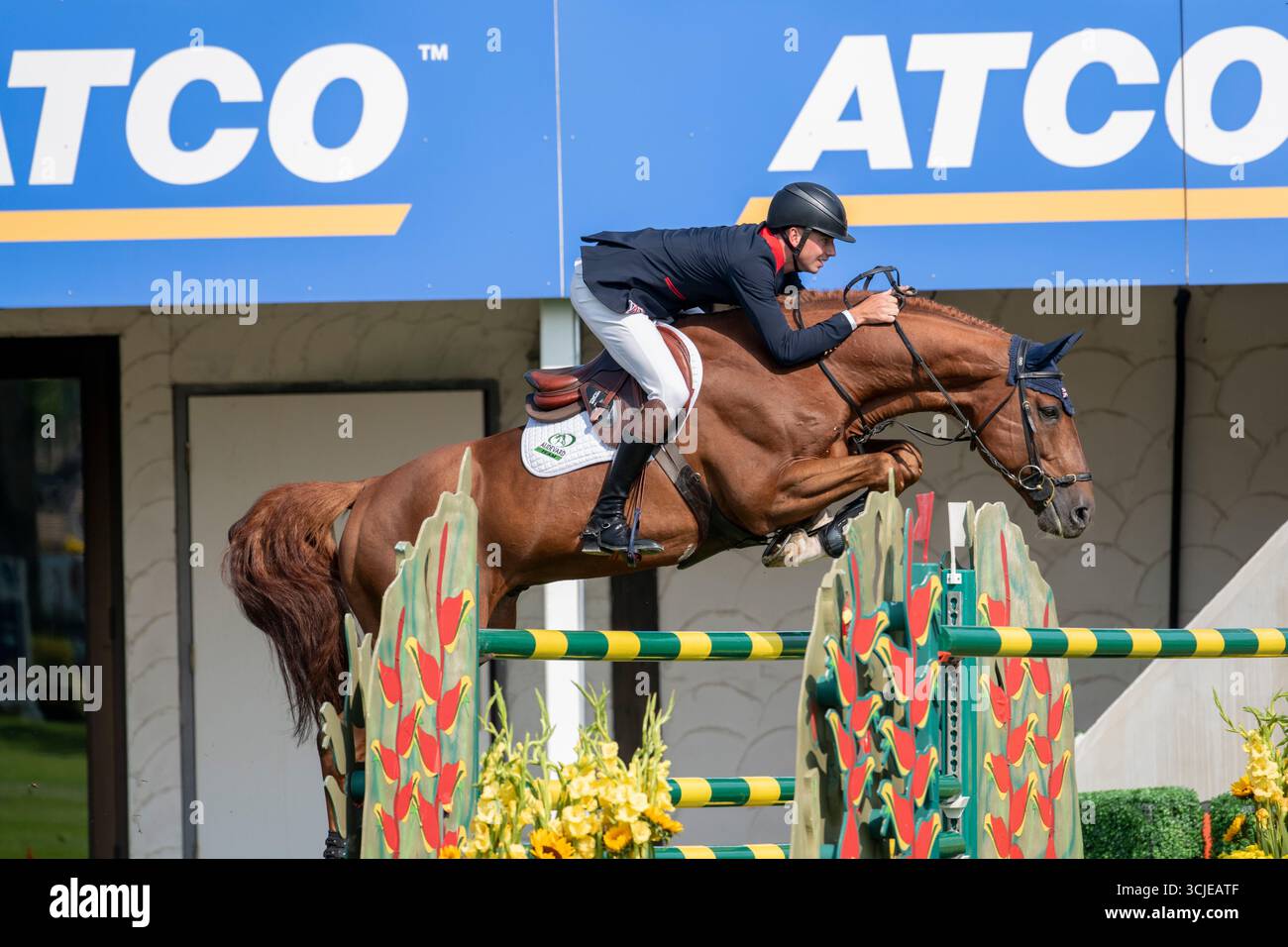 Calgary, Alberta, Kanada, 6. September 2025. Joseph Stockdale (GB) Reiten eBanking - CSIO Spruce Meadows Masters, - BMO Nations Cup - Credit: Peter Llewellyn/Alamy Live News Stockfoto