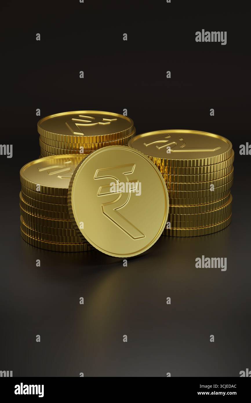 Goldene Münzen mit Rupienschild isoliert auf dunklem Hintergrund. 3D-Abbildung. Stockfoto