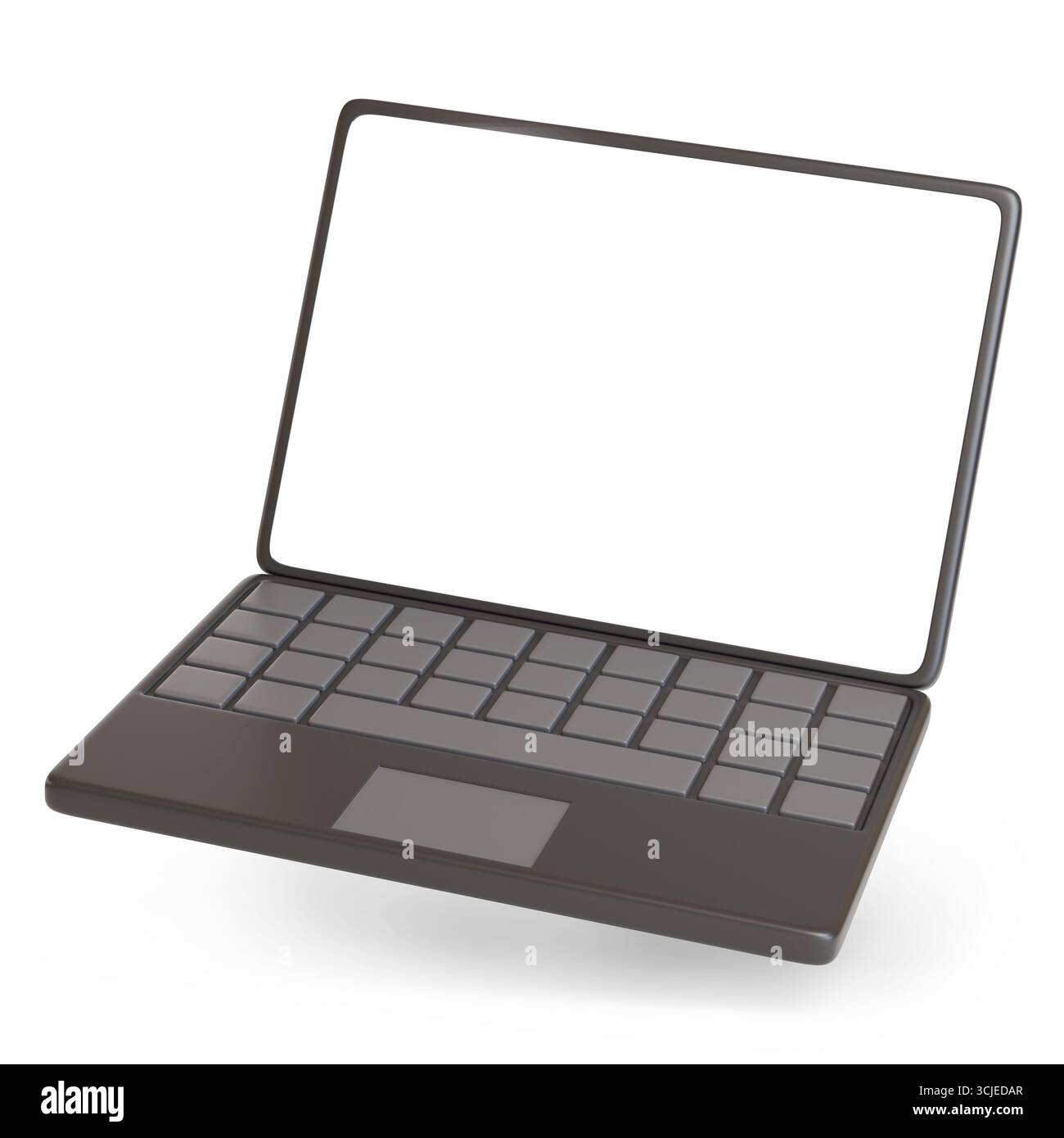 Laptop im Cartoon-Stil mit einem leeren Bildschirm auf weißem Hintergrund. 3D-Abbildung. Stockfoto