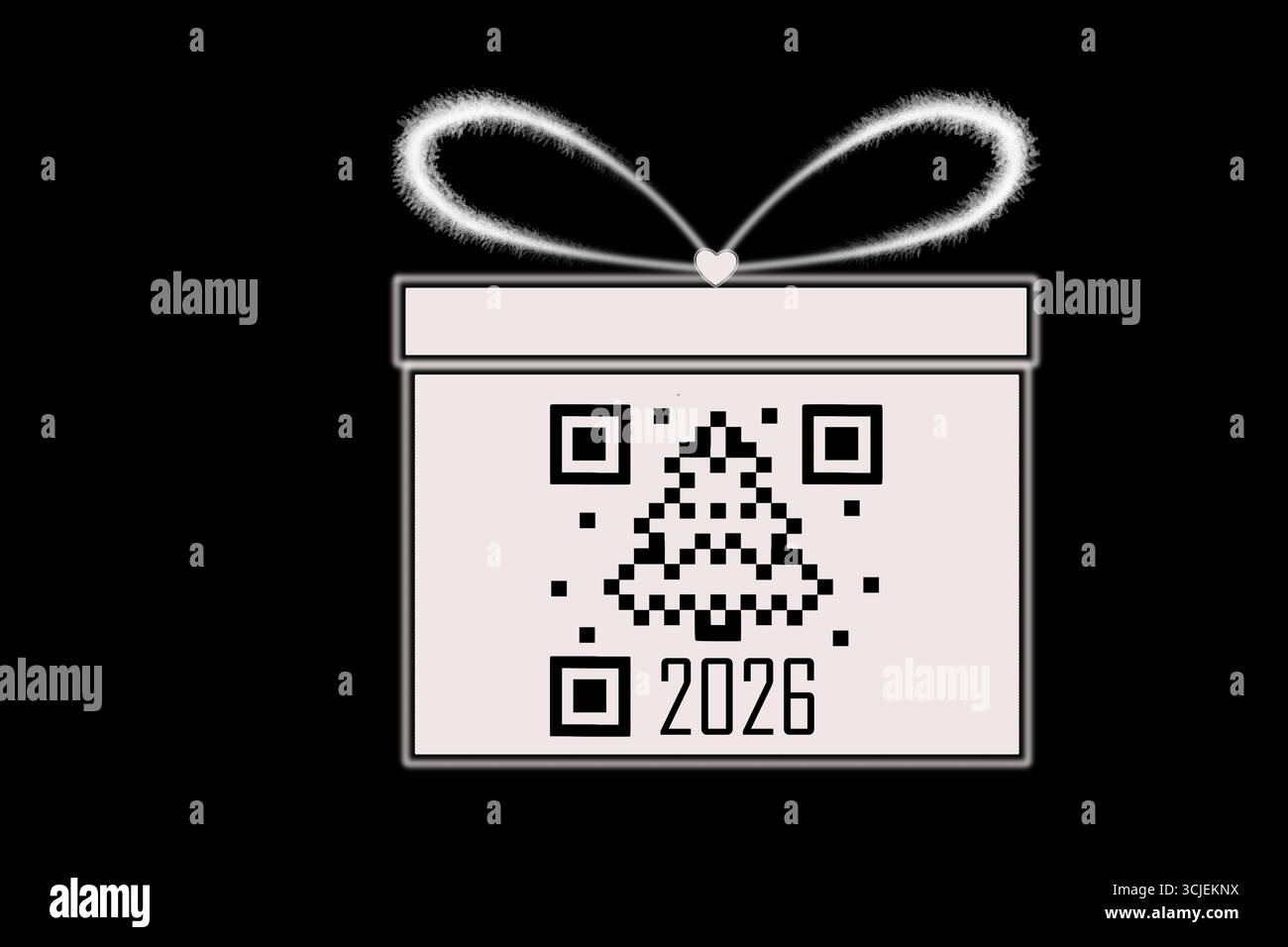 Frohe Weihnachten und frohes neues Jahr 2026. Umriss einer weißen Geschenkbox mit einer Schleife, einem QR-Code in Form einer Tanne und den Zahlen 2026. Stockfoto