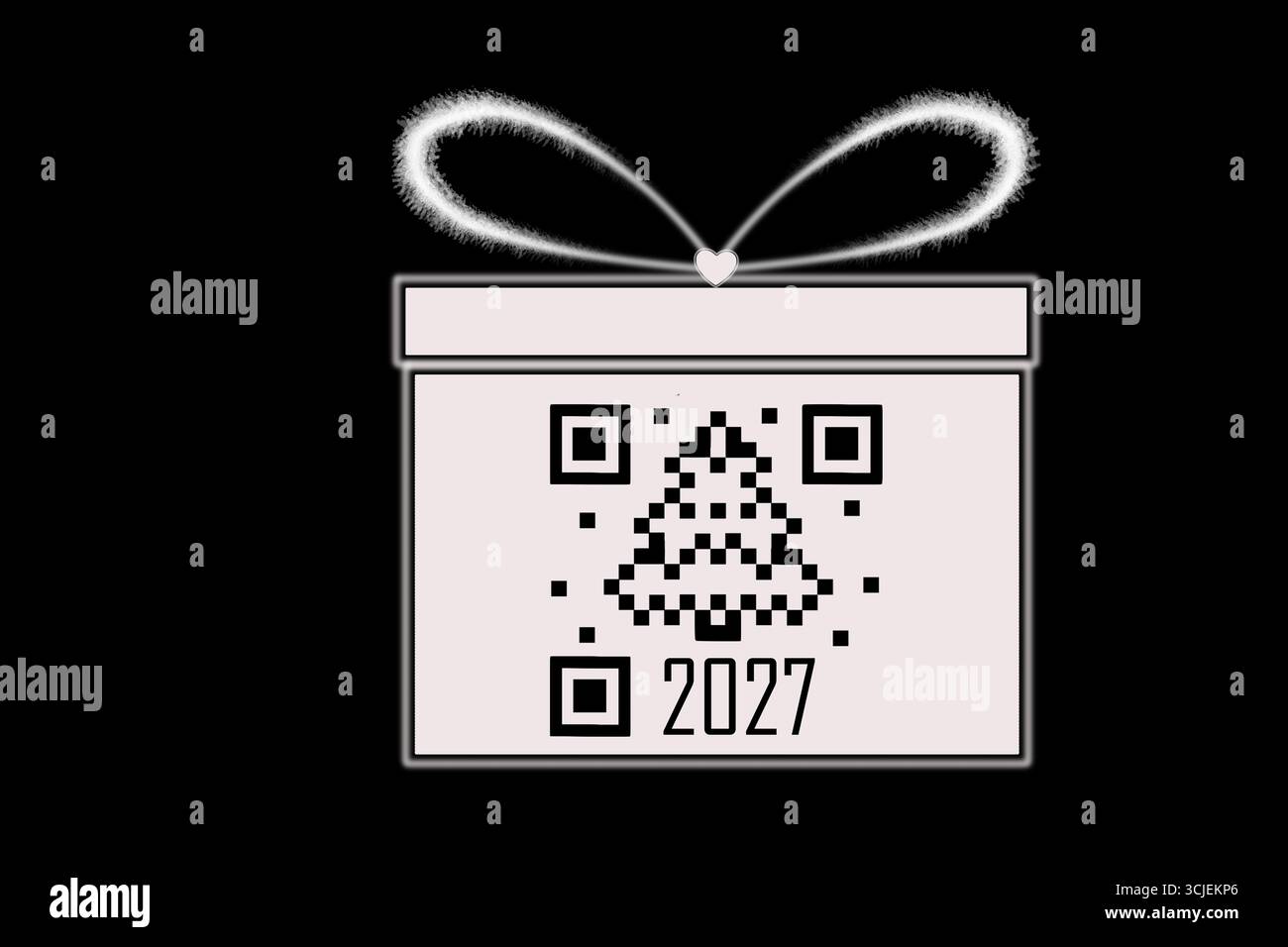 Frohe Weihnachten und frohes neues Jahr 2027. Umriss einer weißen Geschenkbox mit einer Schleife, einem QR-Code in Form einer Tanne und den Zahlen 2027. Stockfoto