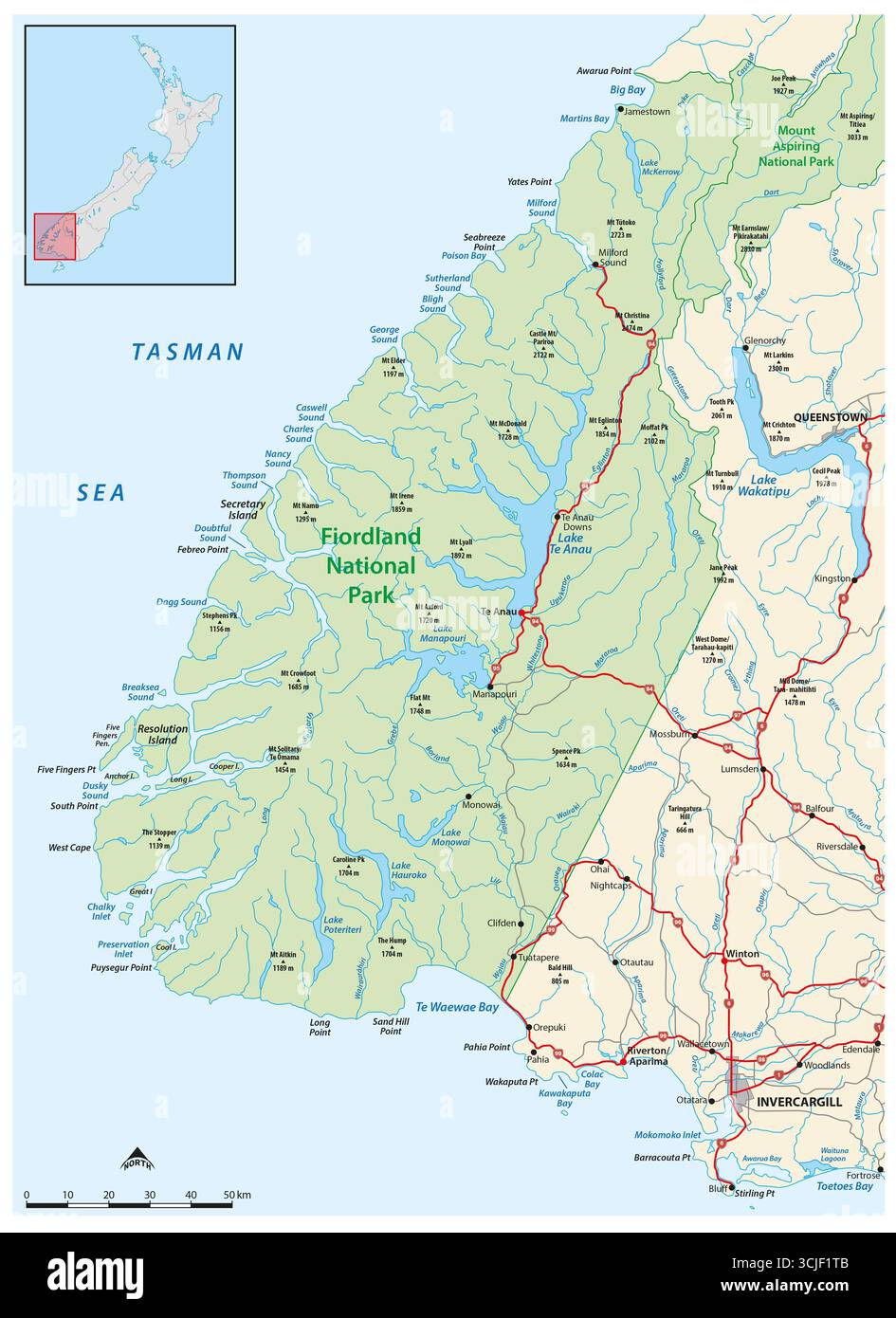 Karte des Fiordland-Nationalparks im Südwesten der Südinsel Neuseelands Stockfoto