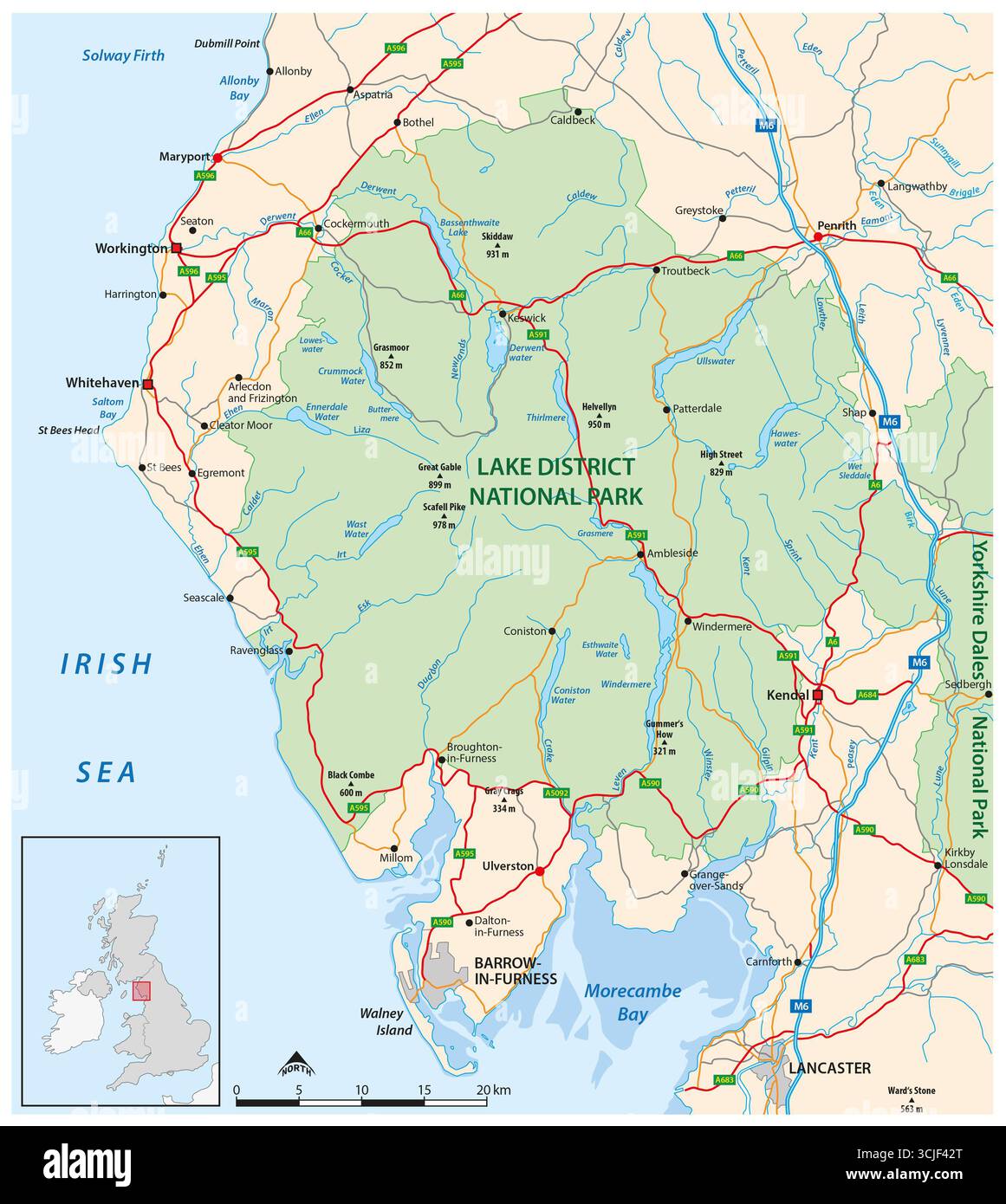 Karte des Lake District National Park, England, Großbritannien Stockfoto
