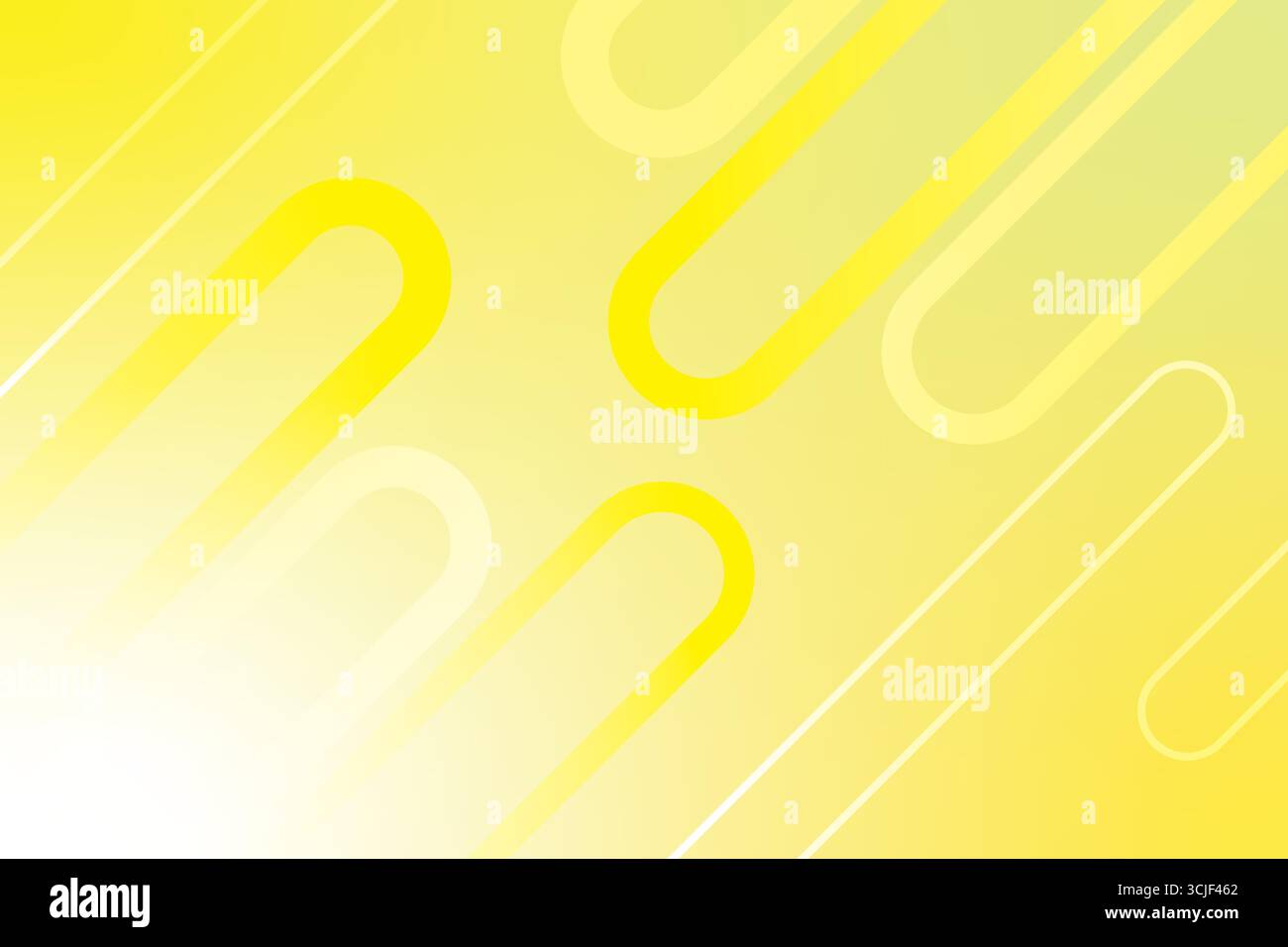 Ein heller und fröhlicher abstrakter Hintergrund mit einem glatten gelben Farbverlauf. Überlagert sind stilisierte abgerundete Linien und dünne diagonale Streifen, die schaffen Stock Vektor