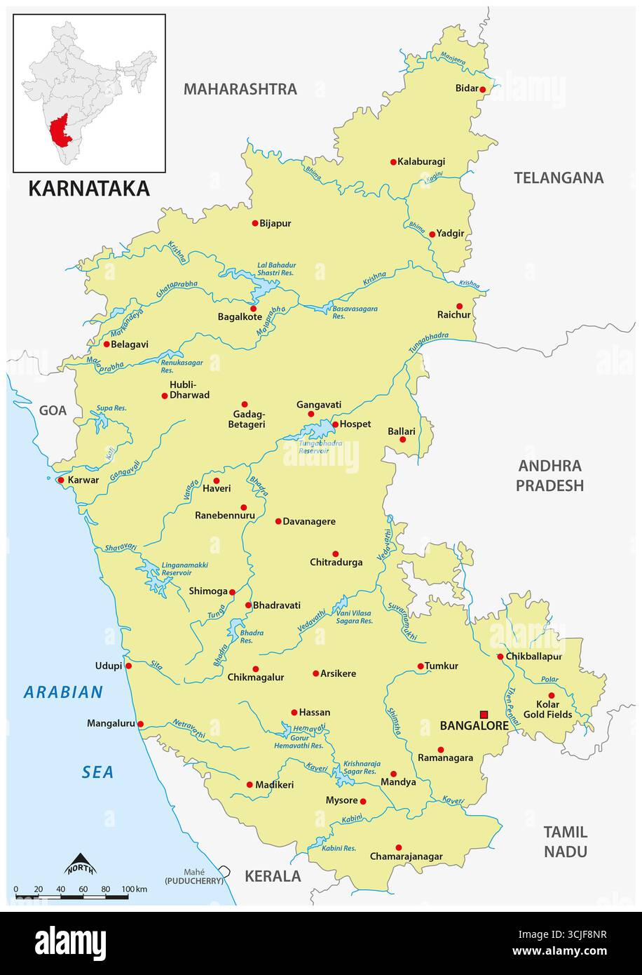 Karte des südindischen Bundesstaates Karnataka Stockfoto