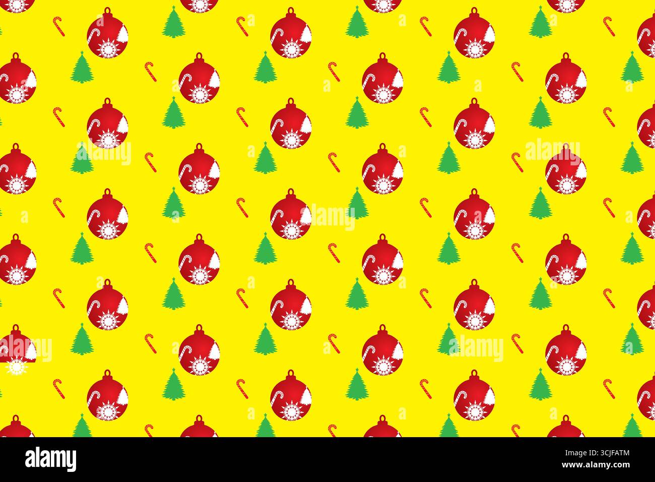 Dieses festliche nahtlose Muster zeigt ein sich wiederholendes Arrangement roter Weihnachtsschmuck mit Schneeflocken und Bäumen, durchsetzt mit Grün Stock Vektor