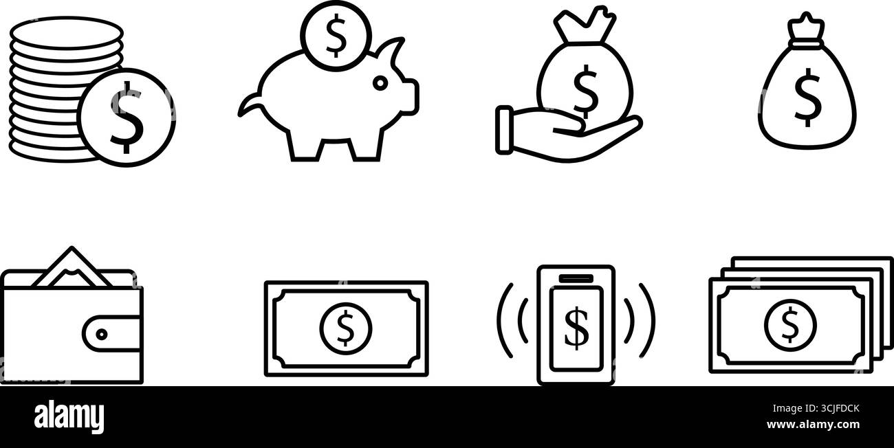 Sammlung von Finanzsymbolen, die Geld, Sparen und Transaktionen symbolisieren. Das Set enthält Geldbeutel, Kreditkarte, Wachstumskarte, Sparkasse, Curren Stock Vektor