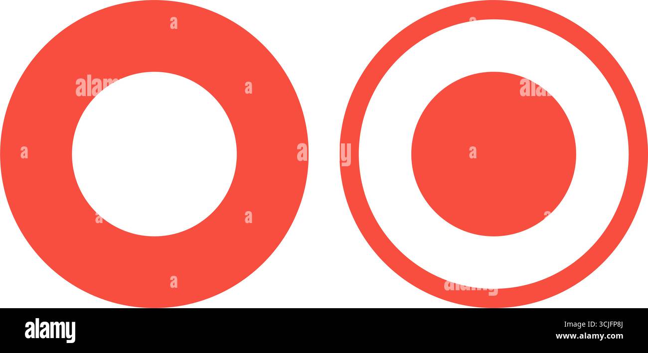 Ein Paar roter Vektor-Optionsschaltflächen mit einem ausgefüllten und einem umrissenen Symbol für Benutzeroberflächenelemente, Webformulare und UX-UI-Design-Projekte. Stock Vektor