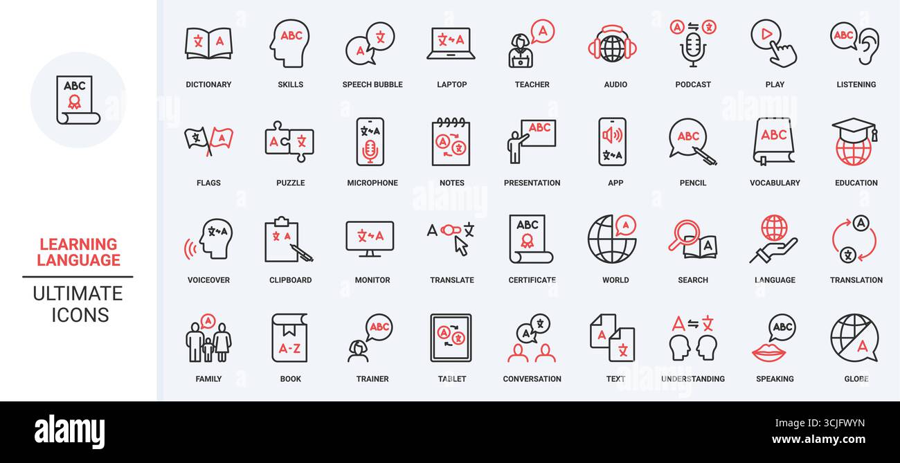 Symbolsatz für Fremdsprachenlernen, Schule und Kurslinie. Mobile App für Telefon, Tablet zum Übersetzen von Text, Fähigkeit zum Zuhören und Verstehen dünner schwarzer und roter Umrisssymbole Vektorillustration Stock Vektor