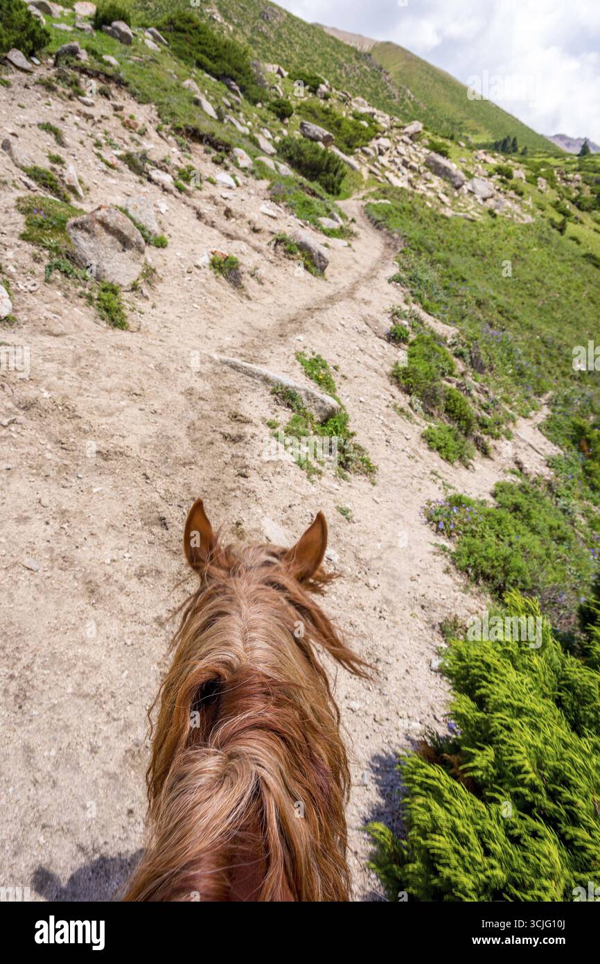 Blick auf den steilen Pfad vom Pferd zurück, Altyn Arashan, Kirgisistan Stockfoto Blick auf den steilen Pfad vom Pferd zurück, Altyn Arashan, Kirgisistan Stockfoto